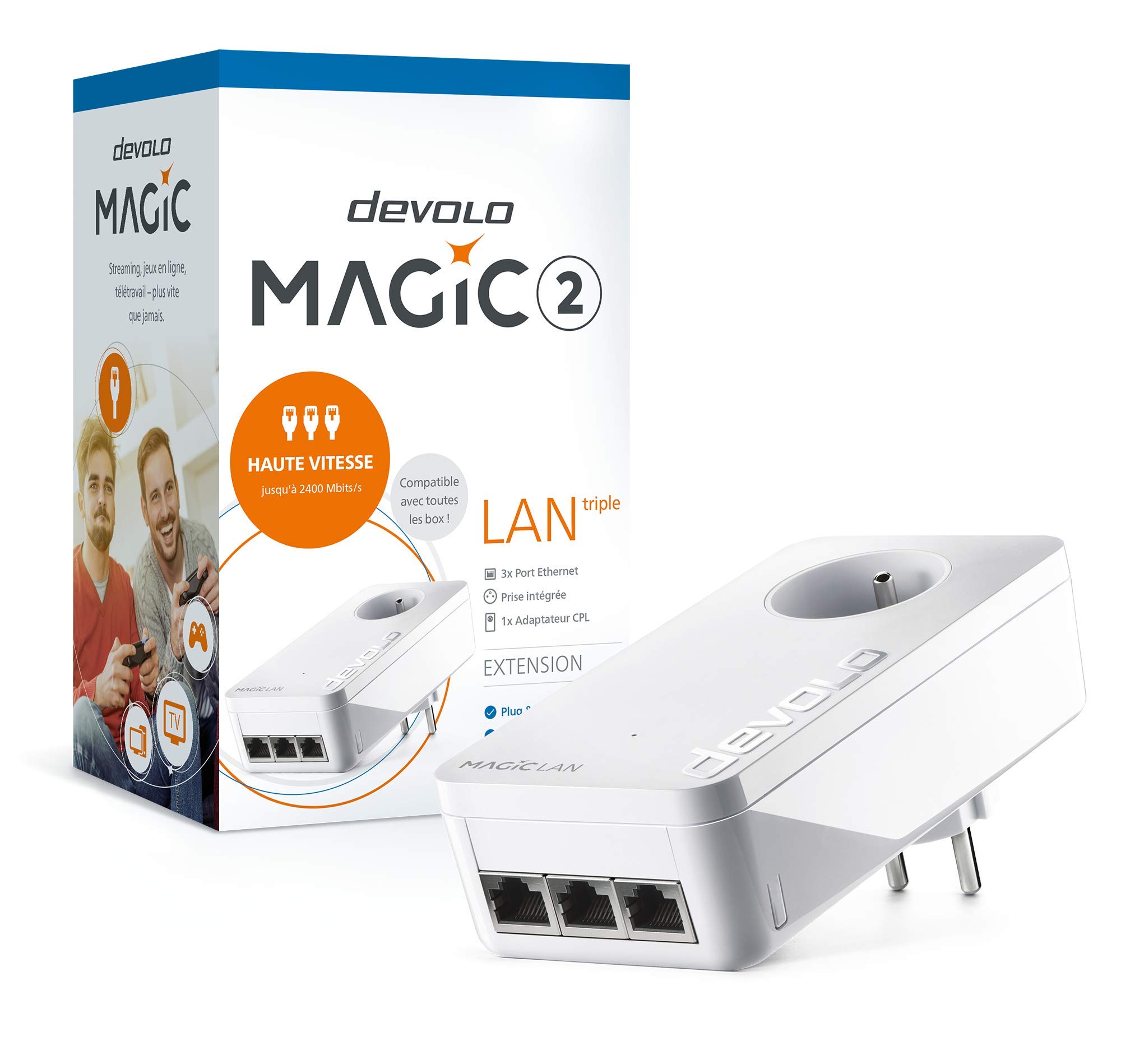 devolo Magic 2 WiFi 5 (AC) Multiroom Kit : 3X Adaptateurs CPL WiFi, Prise Gigogne & Magic 2 LAN Triple Adaptateur d'extension : 1x Adaptateur CPL, Prise Gigogne (2 400 Mbits, 3X Gigabit Ethernet)