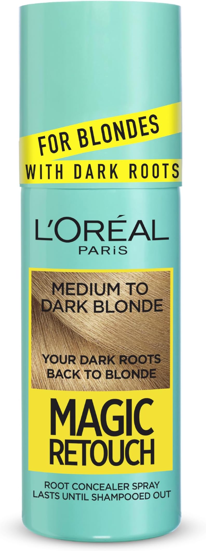 L'Oréal Paris Magic Retouch Instant Root Spray, Med to Dark Blonde. Ensures flawless coverage for grey regrowth in 3 seconds. This 75ml spray offers a quick, easy, natural-looking root touch-up.