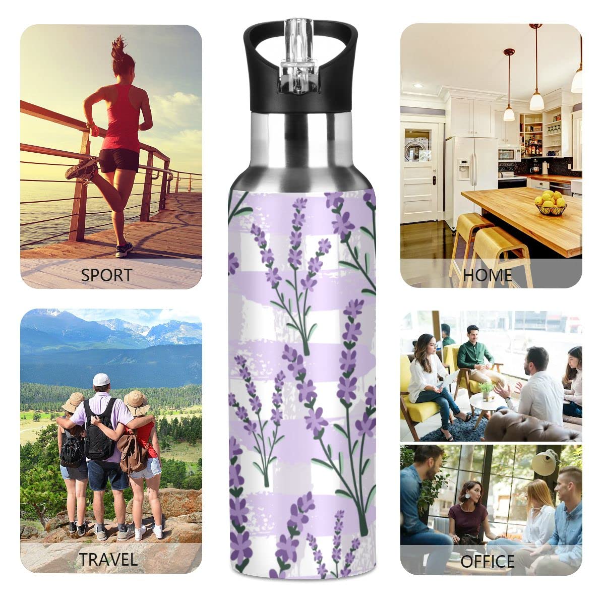 Edelstahl Wasserflasche mit Strohhalm, Retro Lila Lavendel Isolierte Trinkflasche Sport Wasserflasche für Kinder Erwachsene, auslaufsicher, 1L