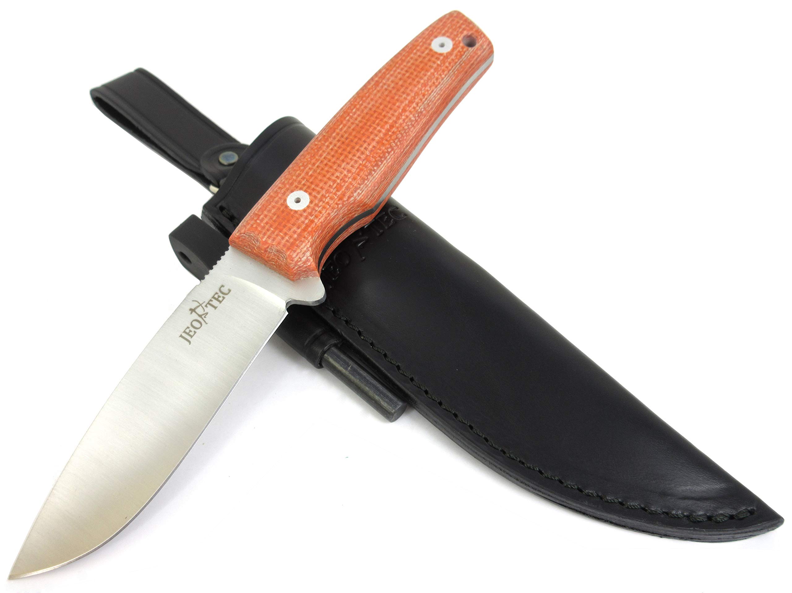 JEO-TEC Nº19 Outdoor Camping Gürtelmesser Jagdmesser Überlebensmesser Survival Bushcraft Messer, Premium Qualität, Stahl MOVA, Lederscheide + Feuerstahl, Handgefertigt in Spanien