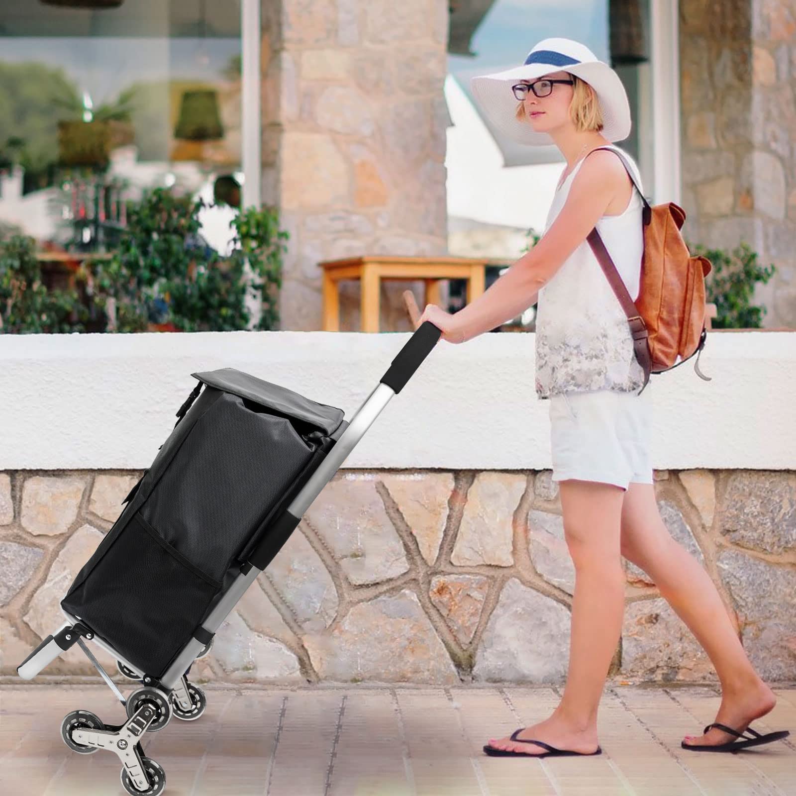 Chariot De Courses Pliable Amovible 6 Roues (56 L),Chariot de Rangement à roulettes avec Sacs de Courses Imperméable et Cordon élastique Ajustable,Chariot à roulettes Escalier,Noir