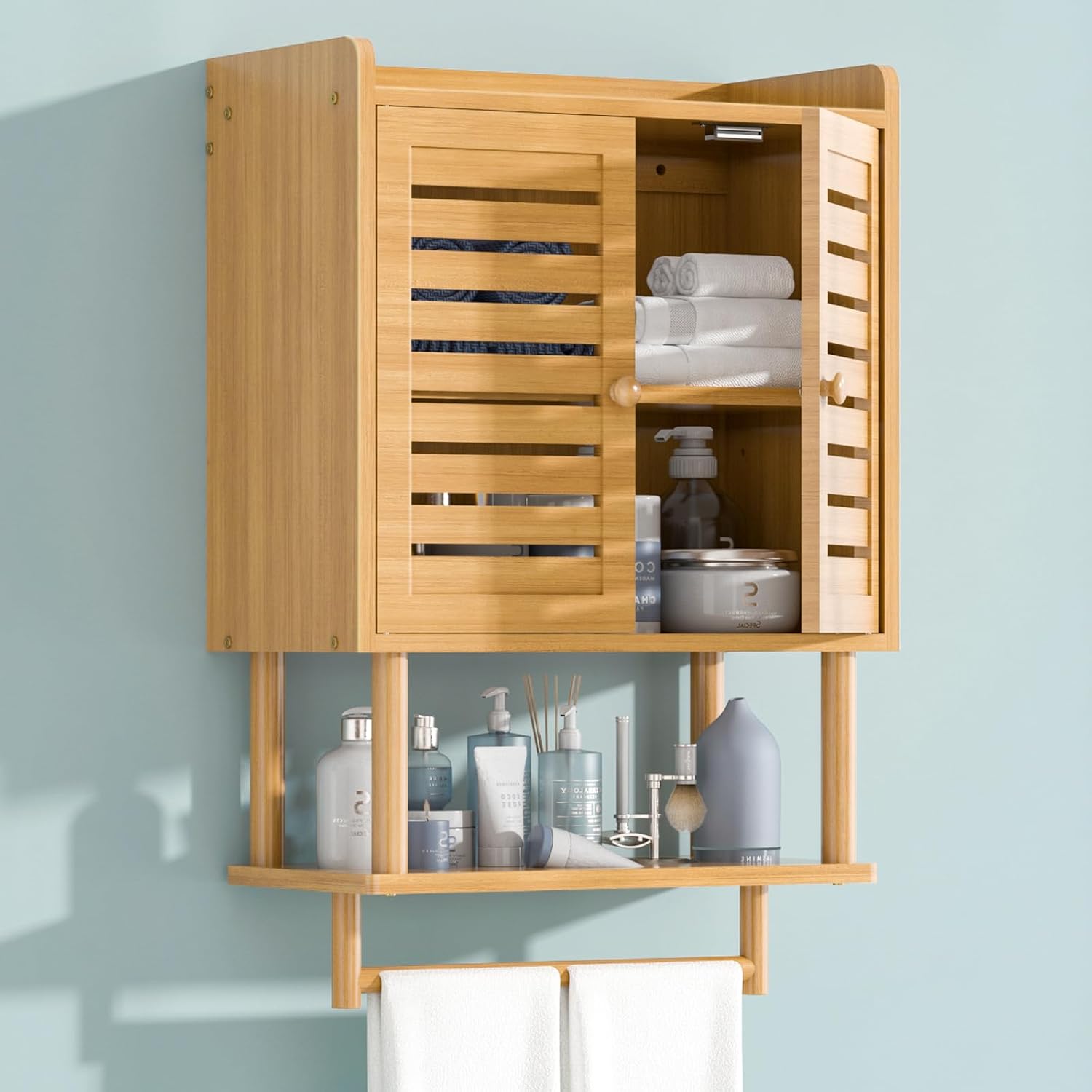 Bathroom Wall Cabinet, Over The Toilet Storage Cabinet with Adjustable Shelves, Medicine Cabinets with Towel Bar, Bamboo Wall Mounted Hanging Cabinet with 2 Door for Laundry Room, Bedroom