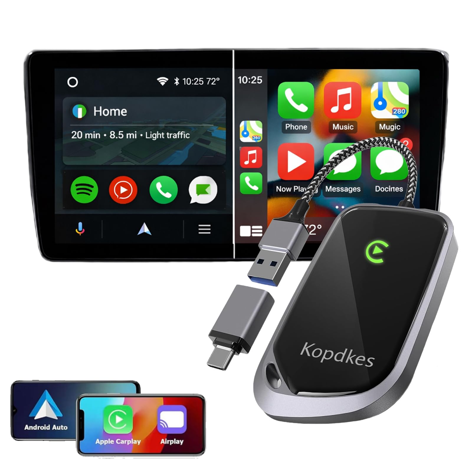 Kopdkes Wireless CarPlay & Android Auto Adapter 2-in-1 Stable and Lag-Free CarPlay Wireless Adapter, Compatible with iOS 10+/Android 11+ (Black)