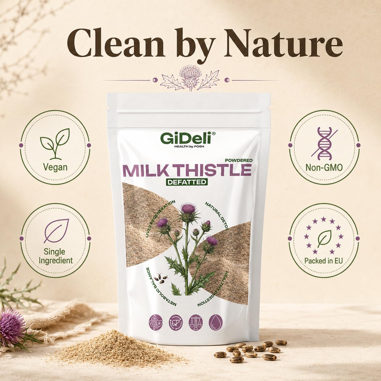 GiDeli Cardo mariano macinato, 5 kg, polvere pura al 100% senza additivi, per la dieta quotidiana, contenuto naturale di silymarina, ideale per yogurt, cereali, frullati e insalate, origine