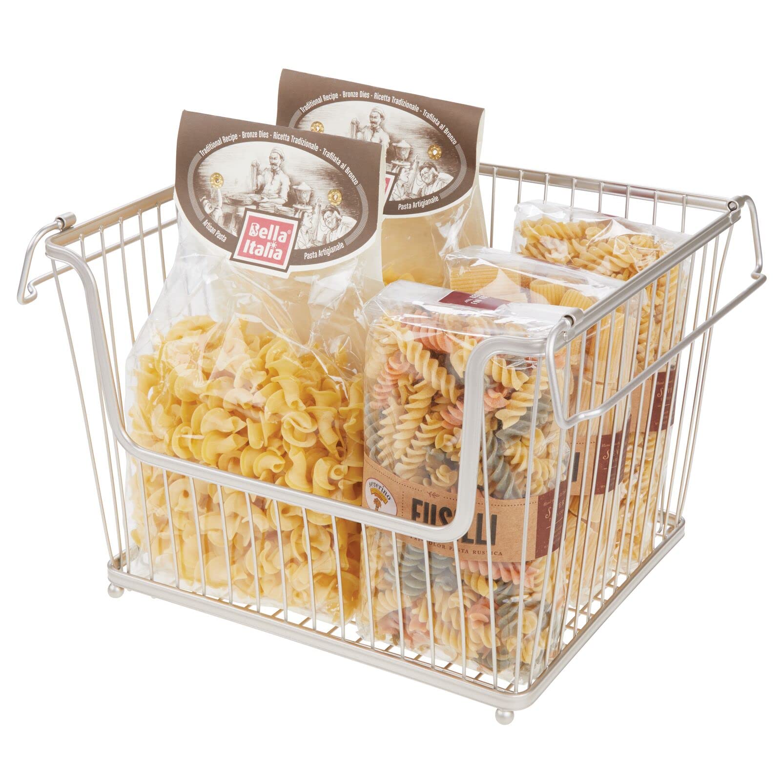 mDesign Moderno cestino portaoggetti in metallo – Grande organizer cucina con manici – Contenitore cucina capiente impilabile – Set da 6 – argento opaco