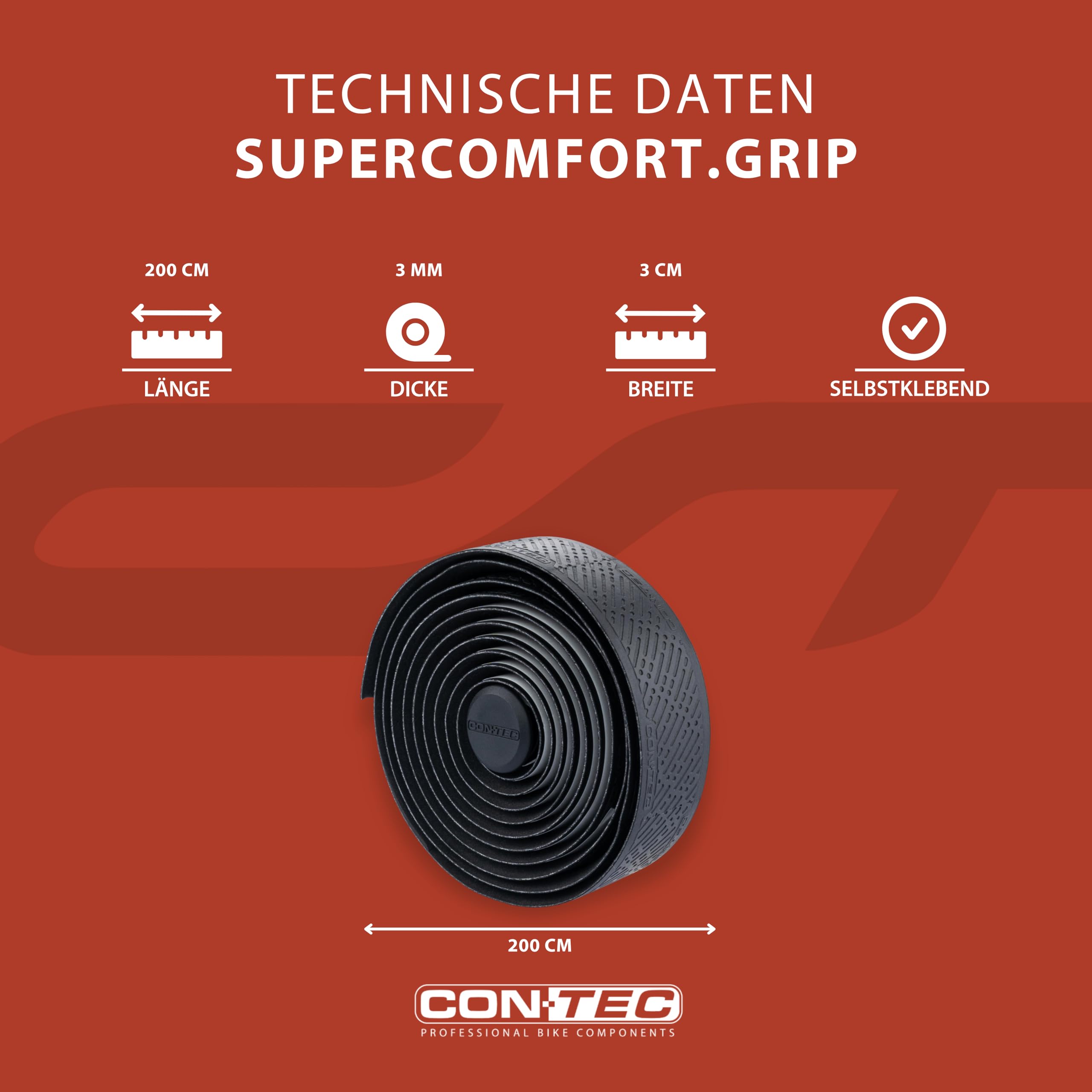CONTEC Lenkerband SuperComfort.Grip, 2000x30x3 mm, aus Polyurethan, selbstklebend und rutschsicher, mit Silikonstreifen und 2 Lenkerstopfen, Paar, schwarz