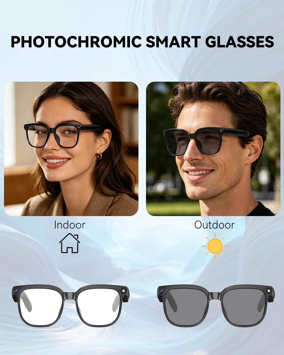 Smart Glasses with Camera, 4K HD Anti-Shake, 8MP Camera Glasses, Real Time Translation, AI Voice Assistant, Object Recognition, Smart Glasses for Women, for Travel/Meetings/Vlog（Photochromic）