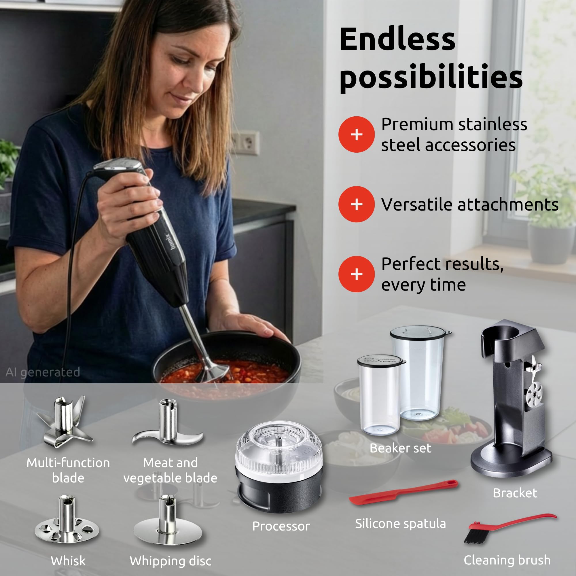 bamix M350 MAXX Blender ręczny z uchwytem, 2 szklanki, 4 narzędzia, procesor, szpatułka, szczotka do czyszczenia, 300 W, wyprodukowano w Szwajcarii, czarny i chromowany