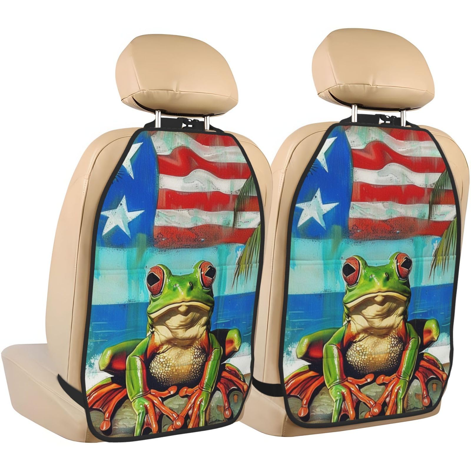 JTNWEC Puerto Rico Flag Frog Palm Trees Print Car Seat Kick Mats with Organisers 2 Pack Backseat Protector Seat Covers for Your Car, SUV, or Truck