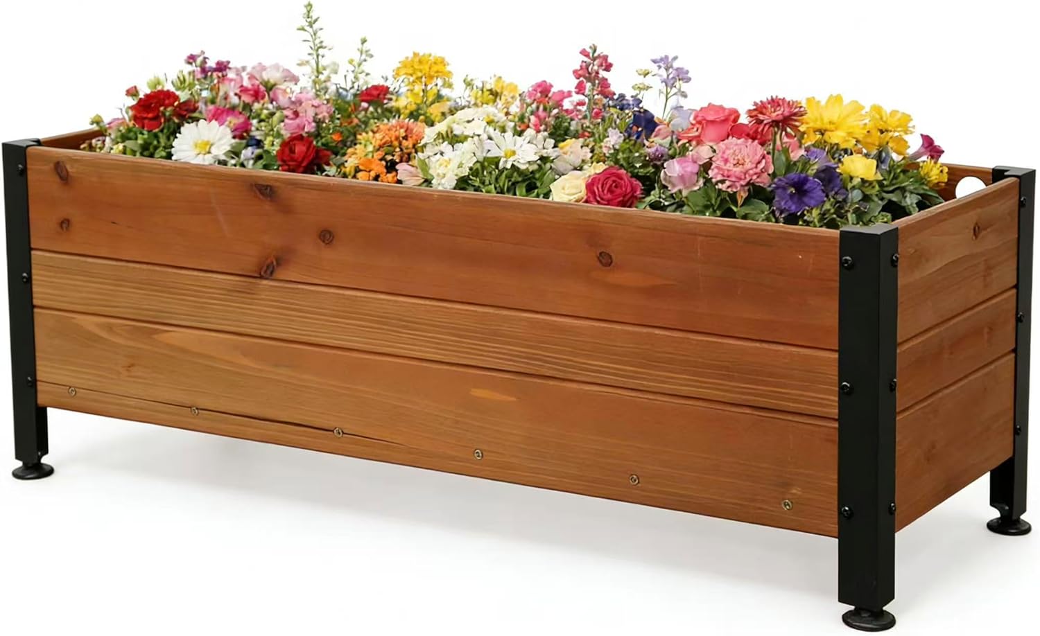 Wooden Rectangular Flower Box with Short Iron Legs, Planting Bed for Flowers and Vegetables, Suitable for Garden and Balcony. Dimensions: 31.5×13.9×12.5 inches