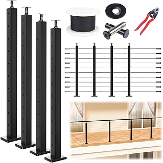 Muzata 15-20FT Modular Black Cable Railing Kit 36" 4 Level Post DIY Deck System - Adjustable Length, Easy Install, No Handrail