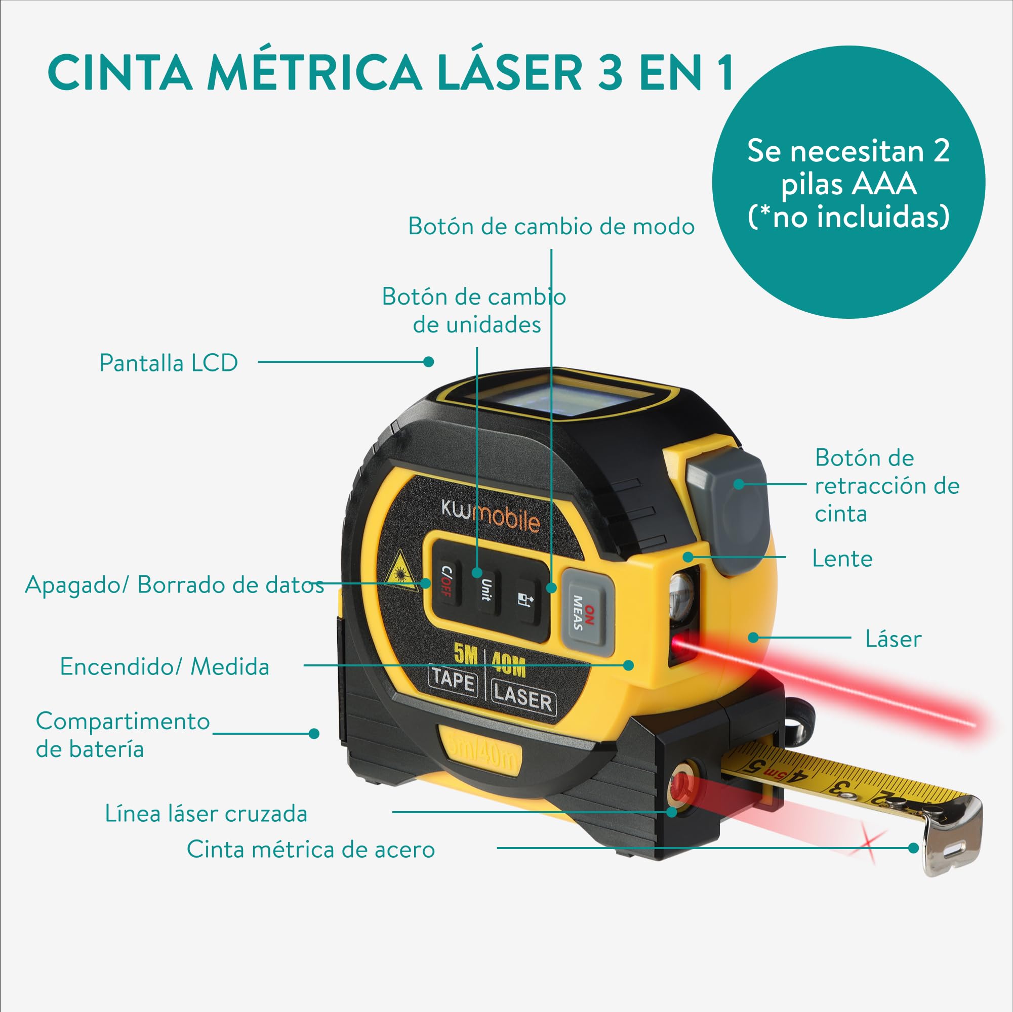 kwmobile Cinta Metrica Digital 3en1 - Medidor Laser Distancia 40m con Cinta Métrica 5m - Para Distancia Area Volumen y Medición Pitagorica - Metro Laser con Pulgadas Pies y Metro