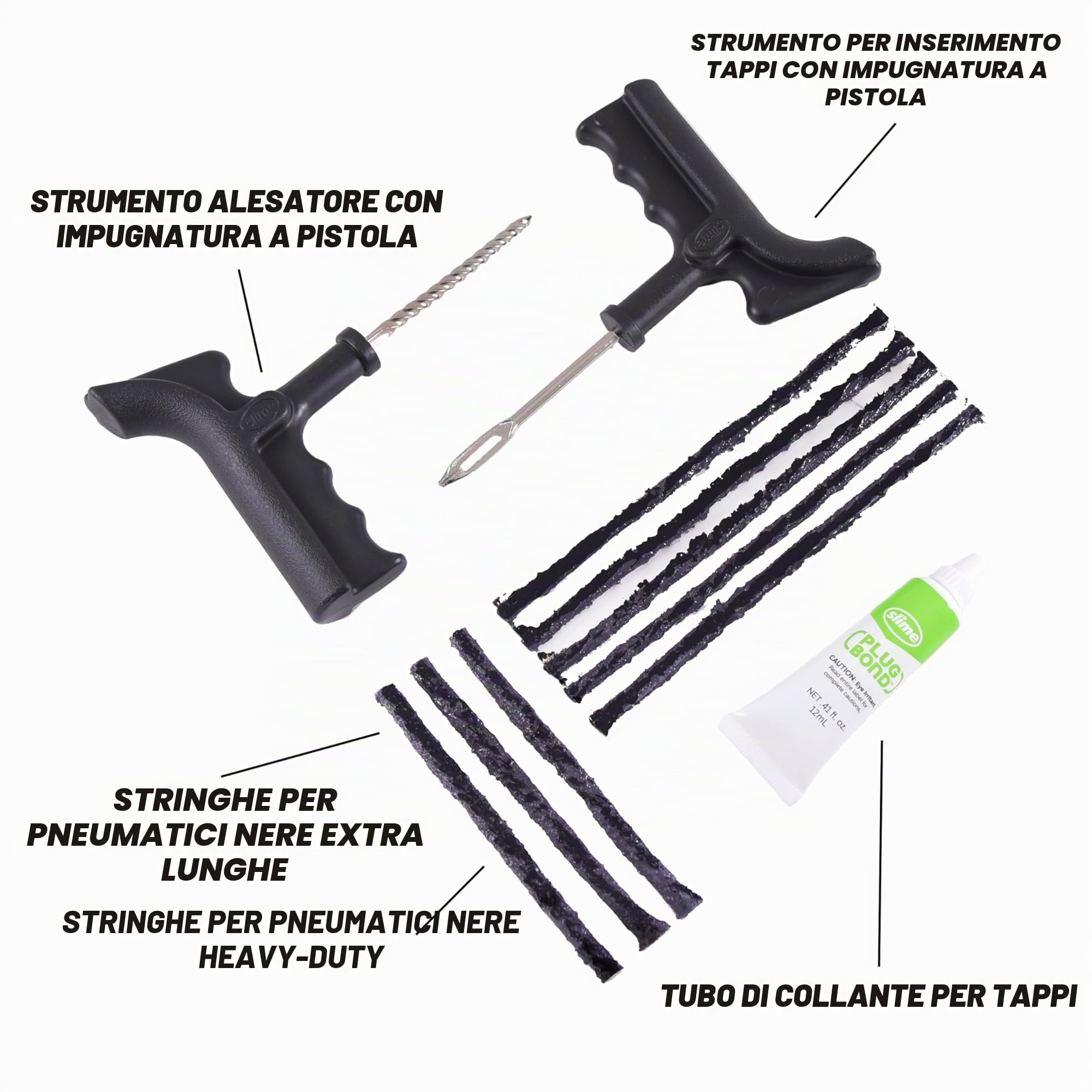 Slime 2040-5 Kit di riparazione pneumatici con tappi, Deluxe, contiene cordini, attrezzi e colla, 11 pezzi