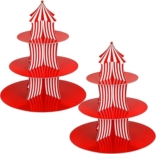Amyhill 2 soportes para cupcakes de carnaval de cartón de 3 niveles, soporte para cupcakes de circo a rayas rojas y blancas para exhibiciones de