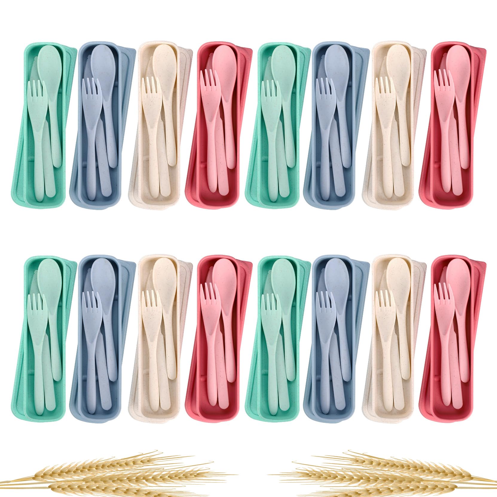 Nicunom16 Pack Reusable Travel Utensils Set with Case, Wheat Straw Spoon Knife Fork Tableware, Portable Camping Cutlery Plastic Lunch Silverware Set Travel Picnic Utensil for Adults Kids Daily Use