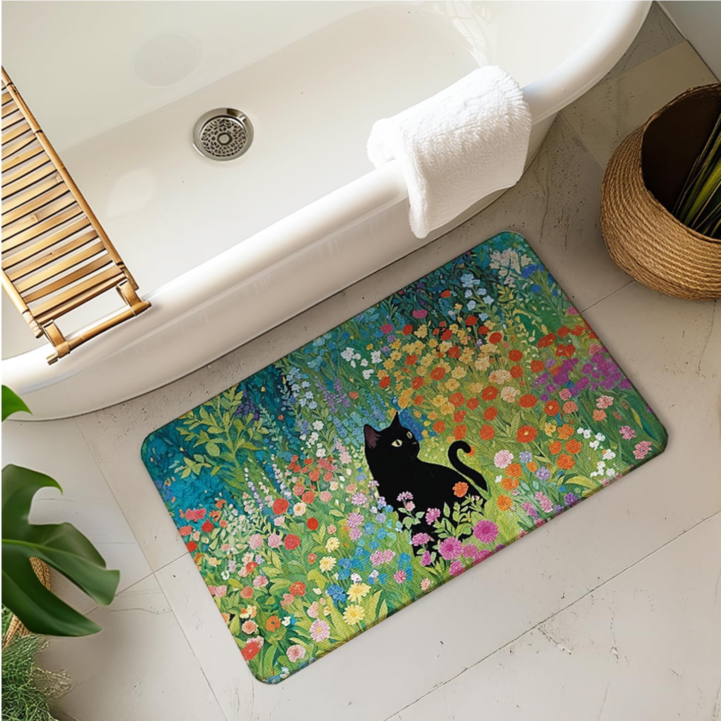 Floral Black Cat Welcome Door Mat, Cats Lover Door Mat, Cat Floral Doormat for Front Door Porch Outdoor Indoor Entrance, Cats in Colorful Wildflower Decor for Bedroom Bathroom, 17x30 Inches
