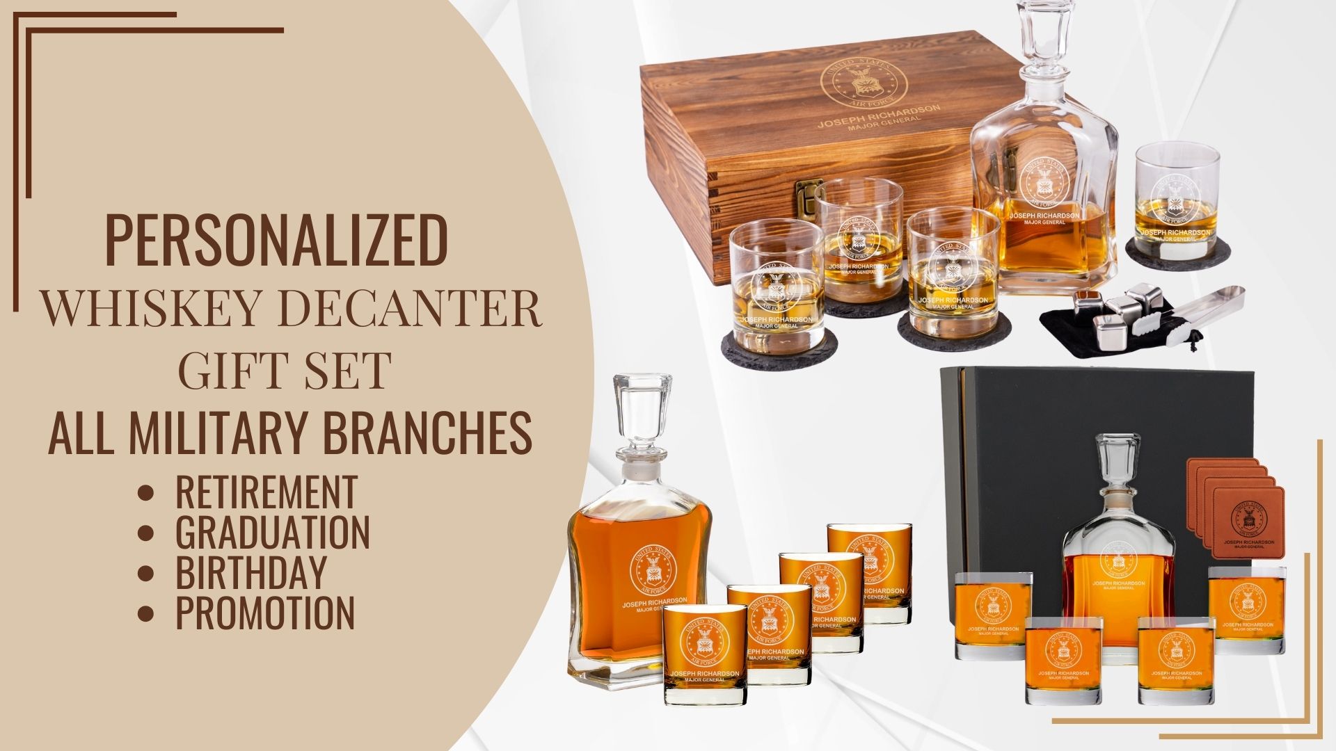 Airforce Whiskey Decanter Set With 4 Liquor Glasses Air Force Whisky Decanter & Glass Set With Wood Base & 9 Whiskey Stones - US Airforce Gifts For Men - Globe Bourbon - View #7