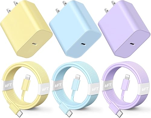 Cargador de teléfono de carga rápida, 3 unidades de 6 pies 20 W PD USB C bloque de cargador de pared con cable tipo C a ightning compatible con