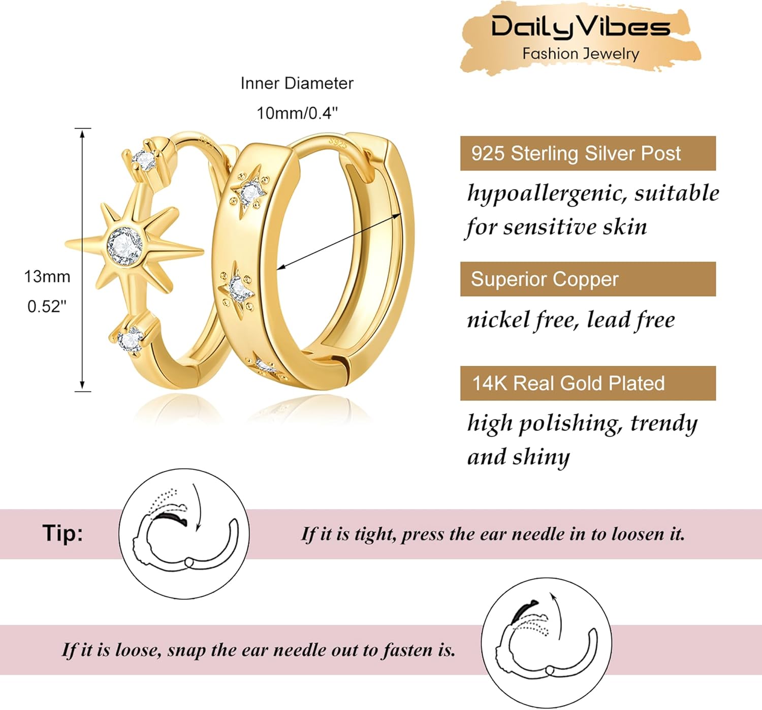 DAILY VIBES Small Star Gold Huggie Earrings for Women 925 Sterling Silver Post Dainty 14K Gold Plated Mini Cubic Zirconia Cartilage Hoop Earrings for Women - Image 5