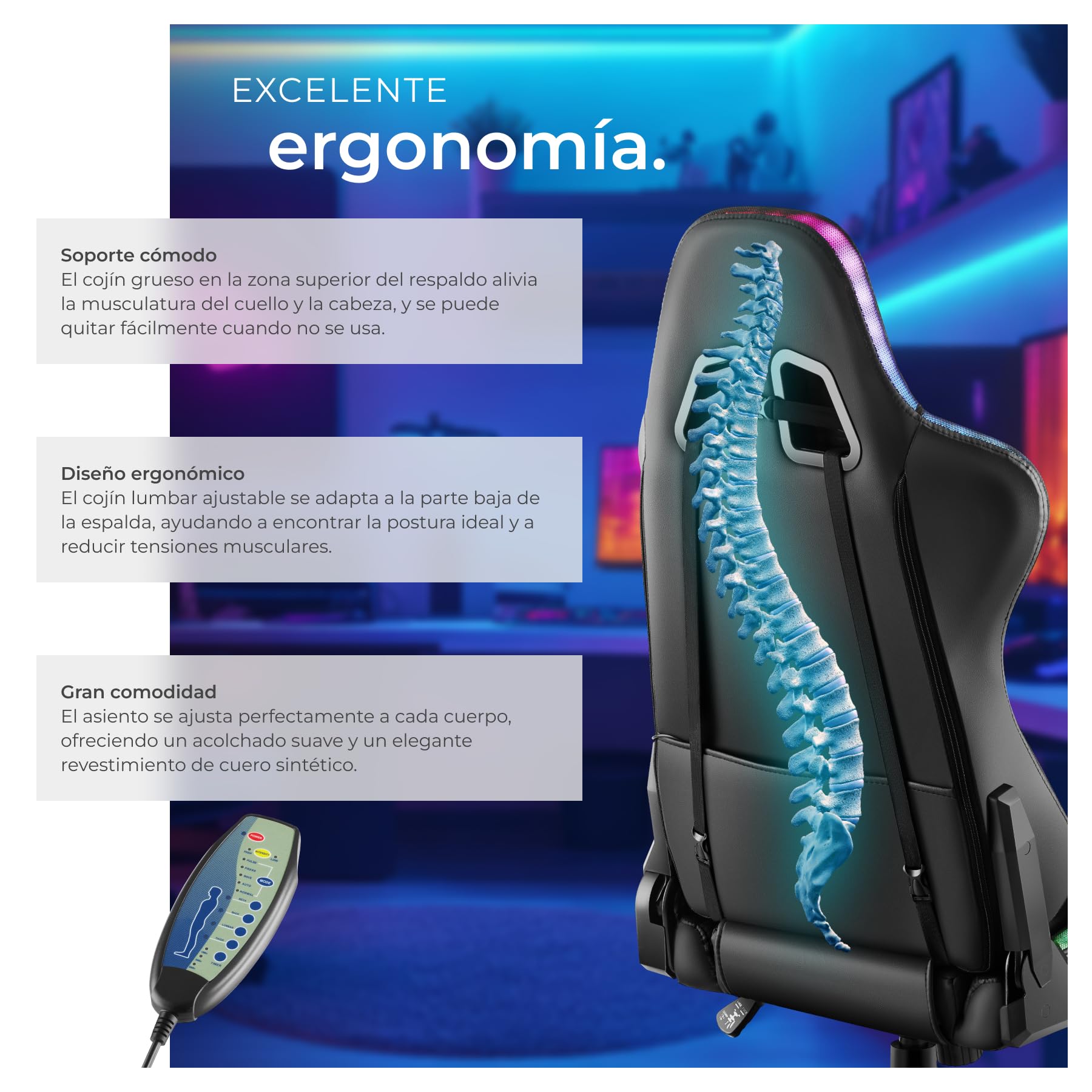 tectake® Silla Gaming, Silla de Oficina Ergonómica con Función Masaje, Iluminación LED, Respaldo y Reposabrazos Ajustables, Silla Giratoria Reclinable, Silla para Escritorio y Gaming - Negro/Celeste