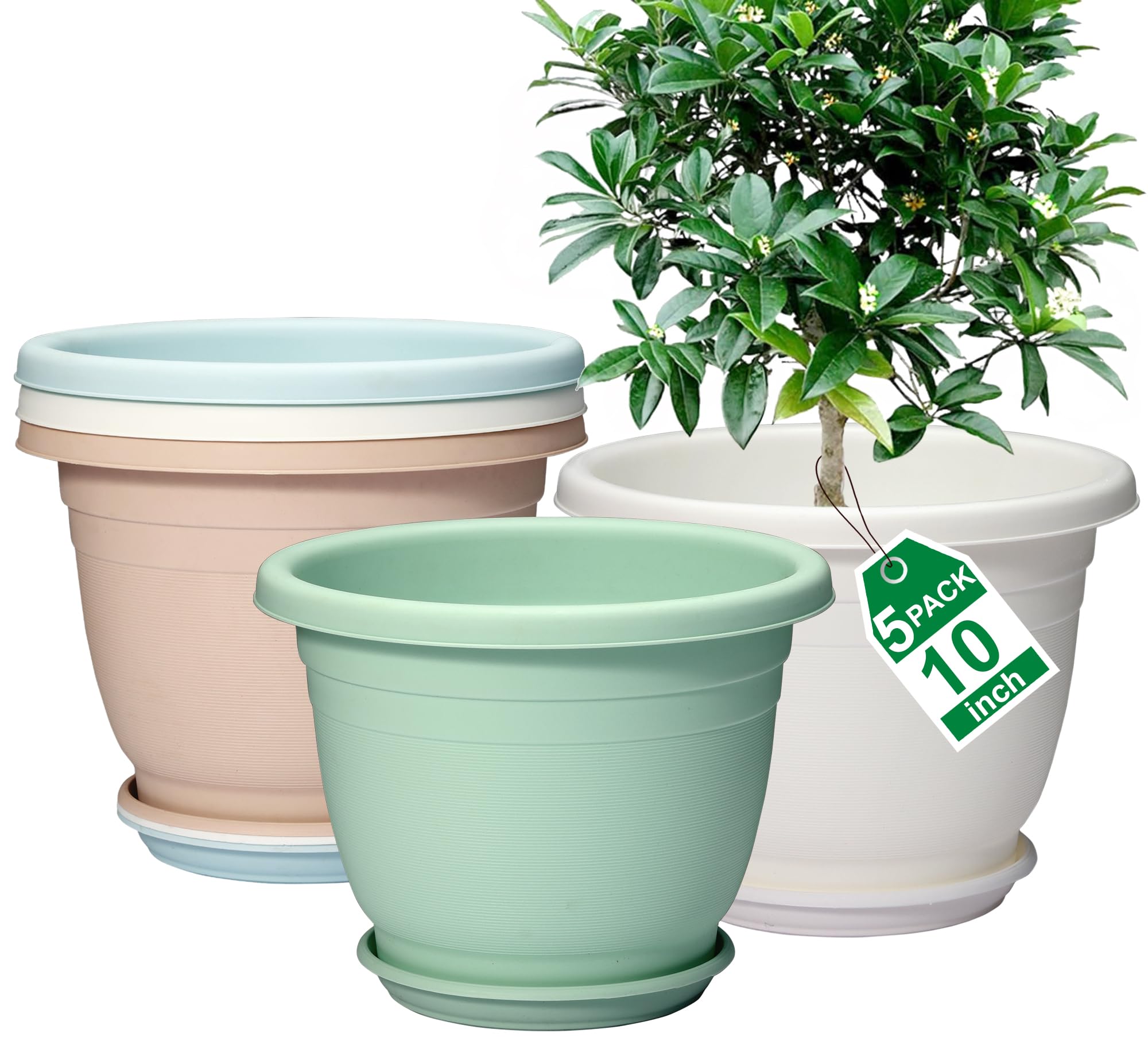 5 Packs 10 inch Plant Pots + Saucer, Planters for Indoor & Outdoor Plants with Drainage Holes | Plastic Flower Pots, Large Planter (Colorful, 10 inch)