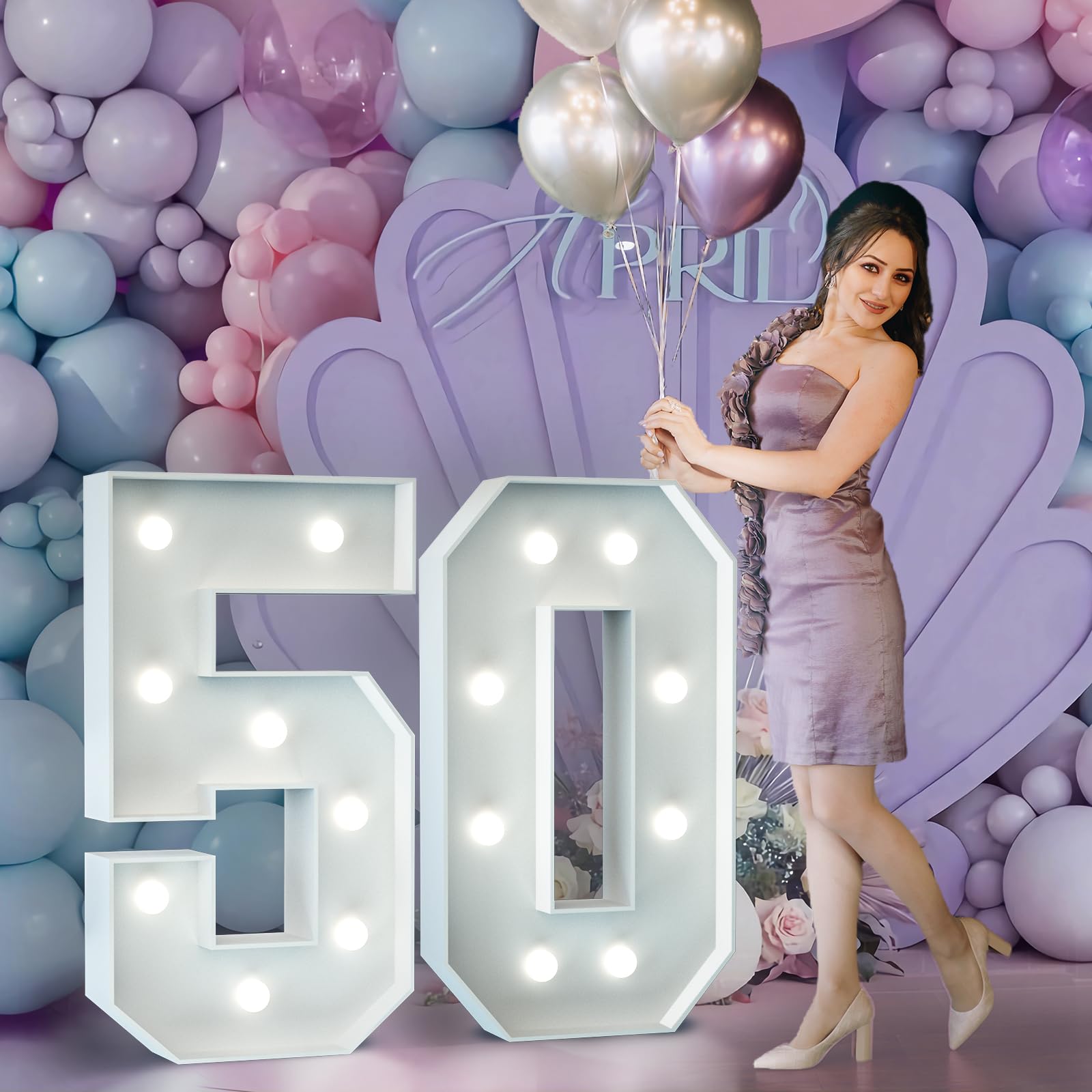 50th Birthday Decorations 3FT Large Light Up Numbers Big Marquee Number for 50th Birthday Anniversary Party Decor Light Up Cardboard Mosaic Arch Stand Pre-cut Foam