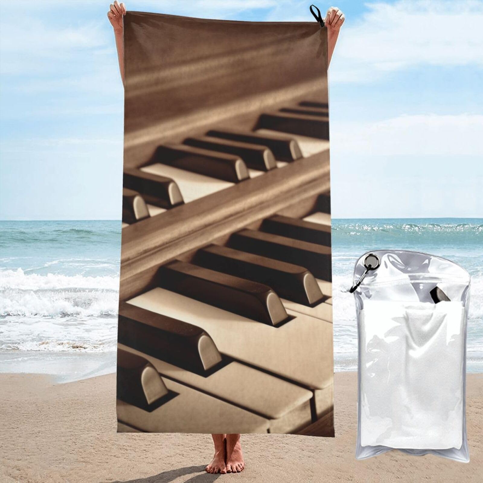 BWWHCCTI Sepia Tone Piano Keys Printed Microfiber Quick Dry Beach Towel 80x160 CM, Fast Drying Bath Towels with Bags for Travel,Camping,Gym,Beach,Swimming,Yoga