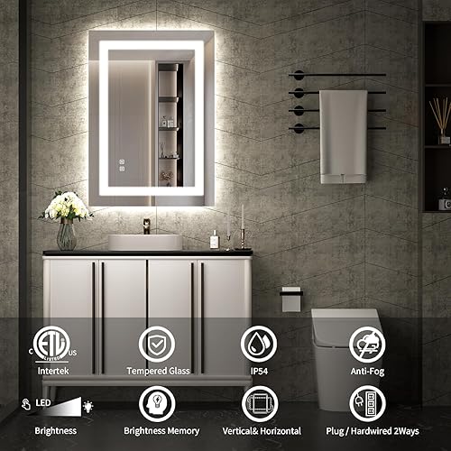 Miniatura 2 de Espejo LED para baño, retroiluminado de 20 x 28 pulgadas + espejo de tocador de baño iluminado frontal con luces, tiras de luz dobles, 3 colores, a
