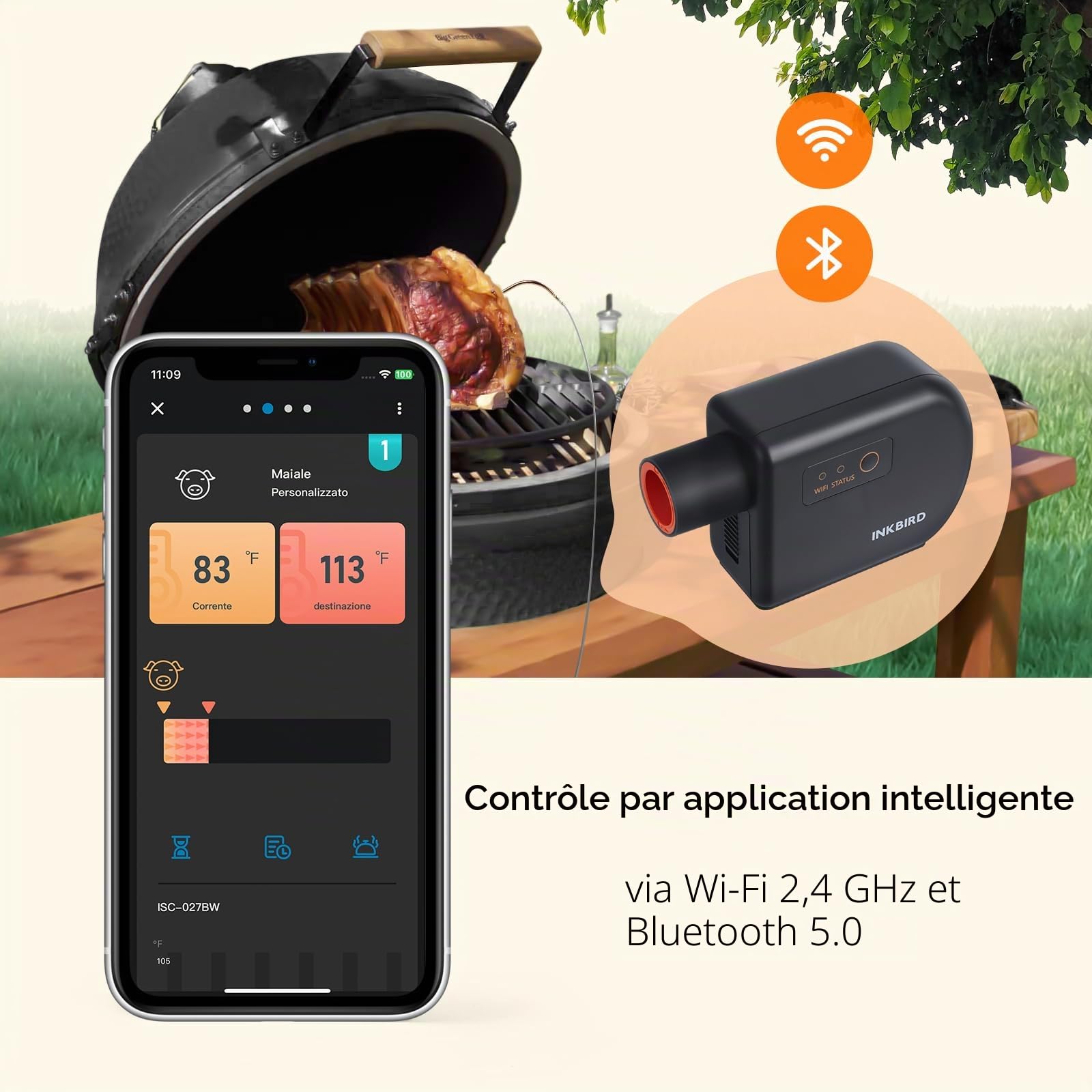 Inkbird Ventilateur de barbecue Bluetooth 5.1 et Wi-Fi 2,4 GHz - Thermomètre automatique avec 4 sondes - Compatible avec Big Green Egg, Kamado Joe, Primo, Vision Grill, Akorn Kamado