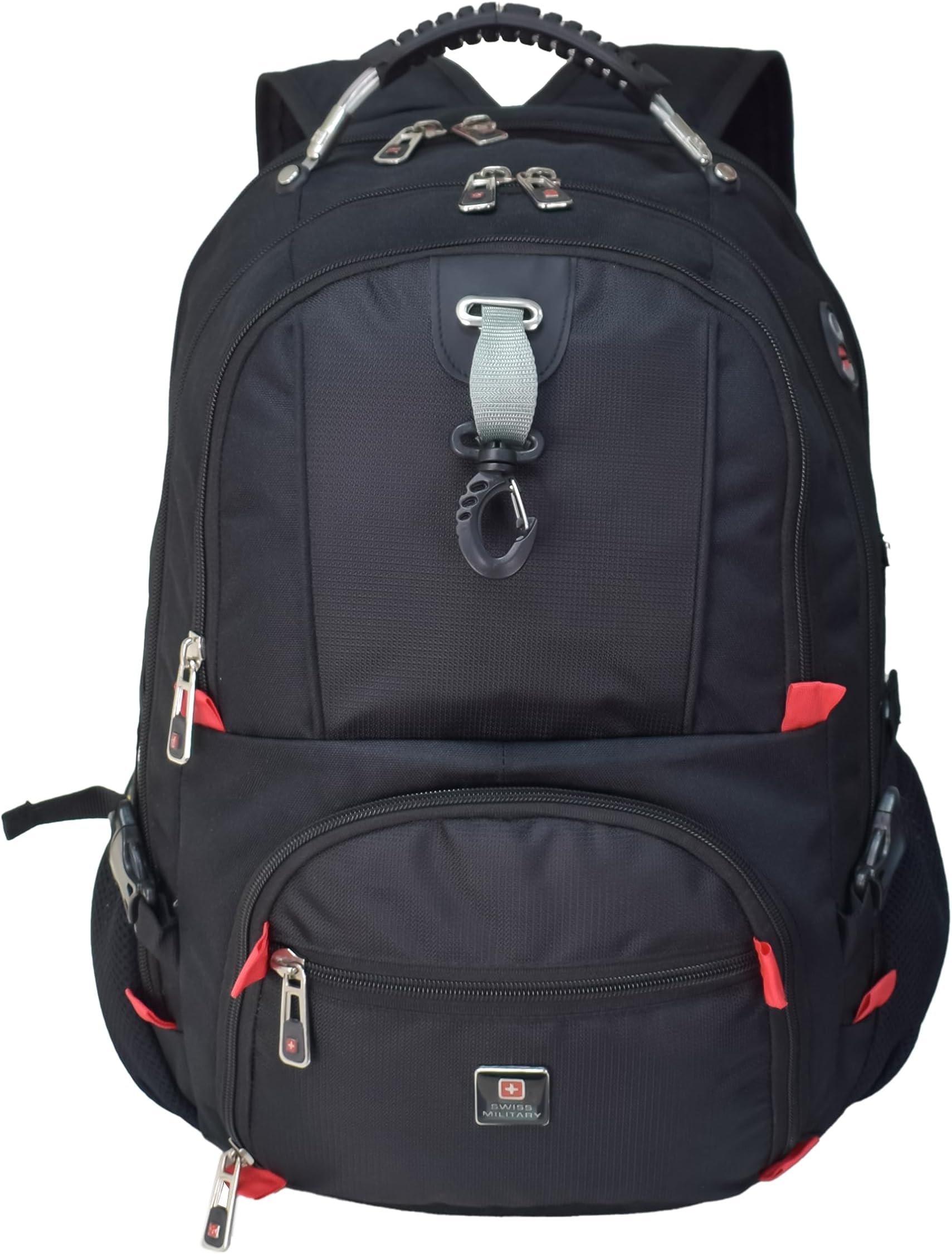 Swiss Military Luxury Backpack with 15.6" laptop compartment, Durable wire-frame handle, 2-way zipper, padded back, Carabiner clip, power bank pocket, USB/Aux cable charging,2 bottle holder- Black