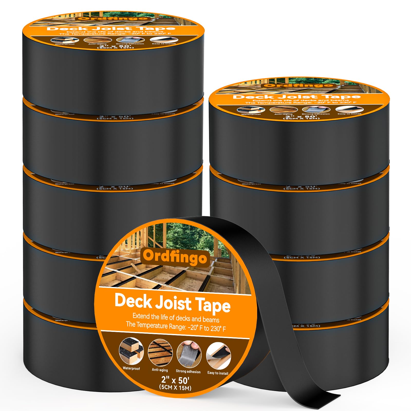 Ordfingo Decking Tape 50Mm X 15.2Cm - 10 Rolls, Waterproof Joist Tape For Decking 2 Inch, Weather Resistance, Anti-Corrosion, Self-Adhesive Butyl Deck Joist Tapes For Wood Joists Decks Beams Roof