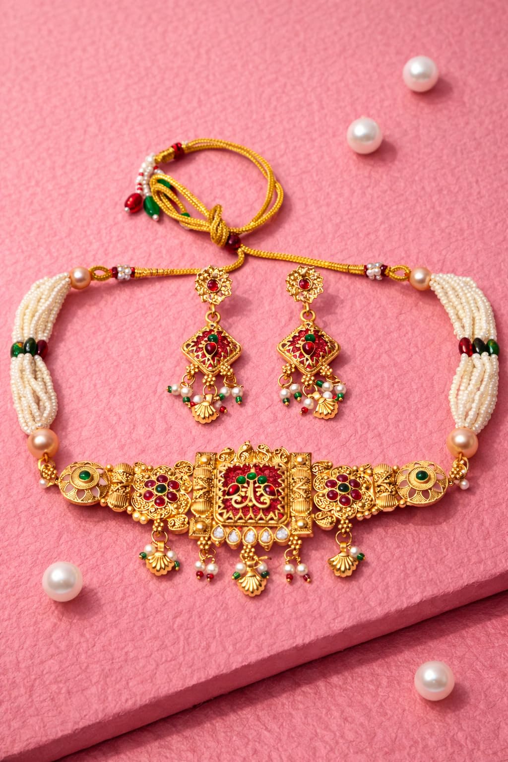 Rajwadi Matte Gold Plated Pearl Choker Necklace Set with Drop Earrings, Traditional Indian Jewelry, Red Green Stone Work-image-19