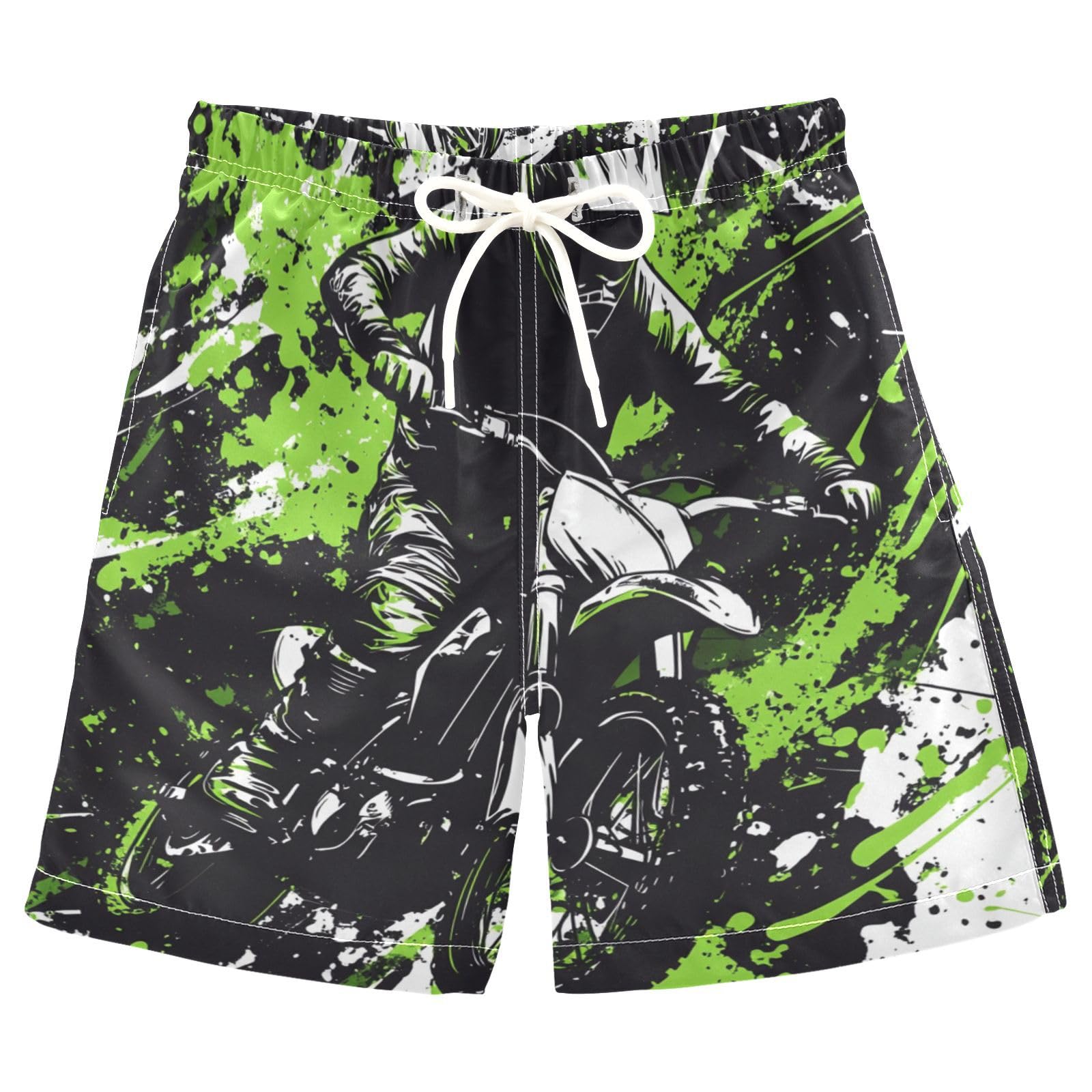 Jucciaco Boys Beach Board Shorts Graffiti Motocross Green Swim Trunk Teen Swimwear