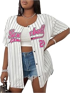 Women's Plus Size Baseball Jersey Oversized Striped Button Down Hip Hop Shirt Top