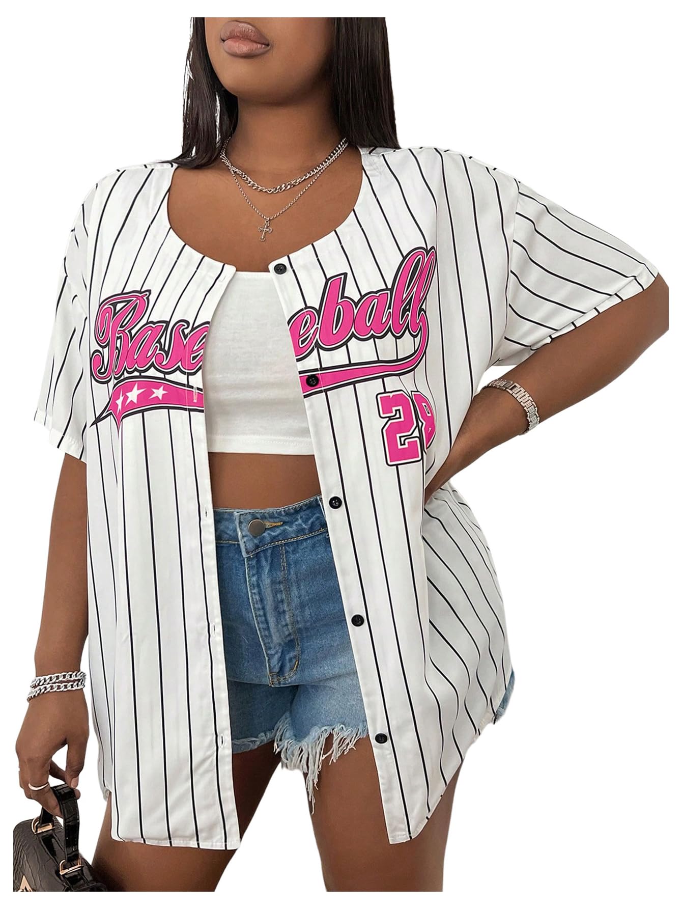 Women's Plus Size Baseball Jersey Oversized Striped Button Down Hip Hop Shirt Top