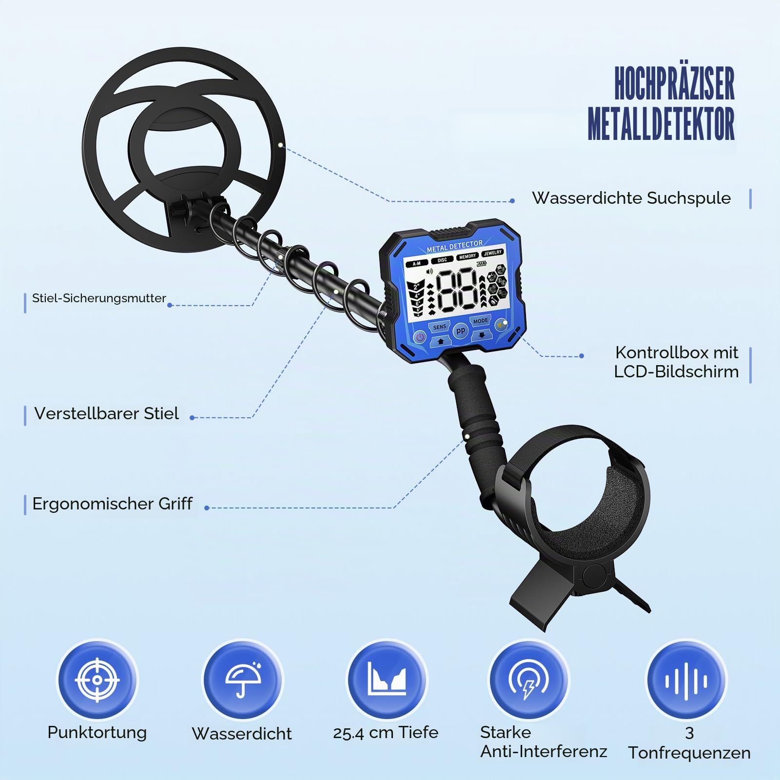 Metalldetektor Profi mit 2 Akkus, 5 Modi Metalldetektoren für Erwachsene & Kinder, Anti-Interferenz-Chip,IP68 Wasserdichte,Unterstützt Batterie und USB-Stromversorgung,Verstellbare Stange (Marineblau)