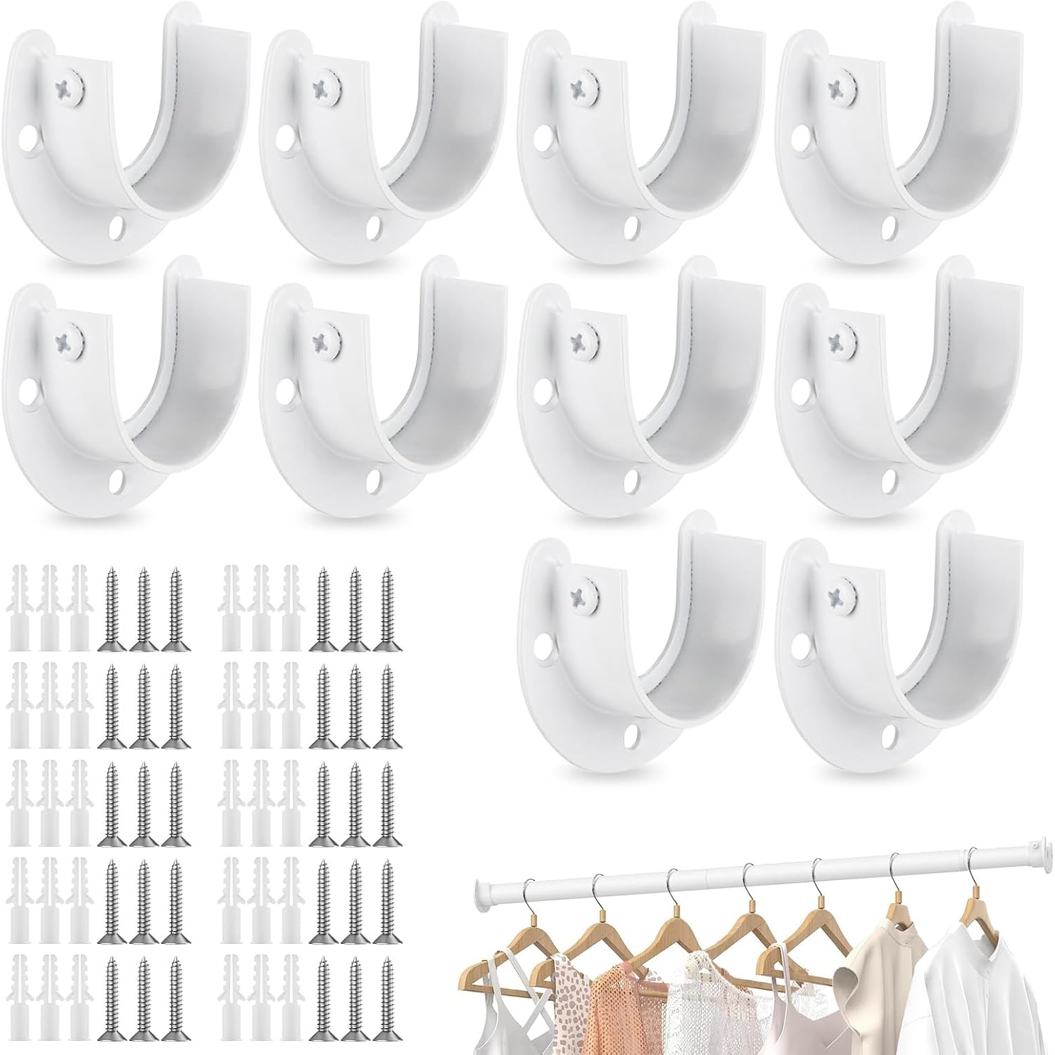 1-1/4" U Shaped Shower Curtain Rod Holder, Heavy Duty Stainless Steel Closet Pole Sockets Rod End Supports Thicken Stainless Steel Pole Sockets Flange Rod Mount Bracket for Wall (10PCS-White)