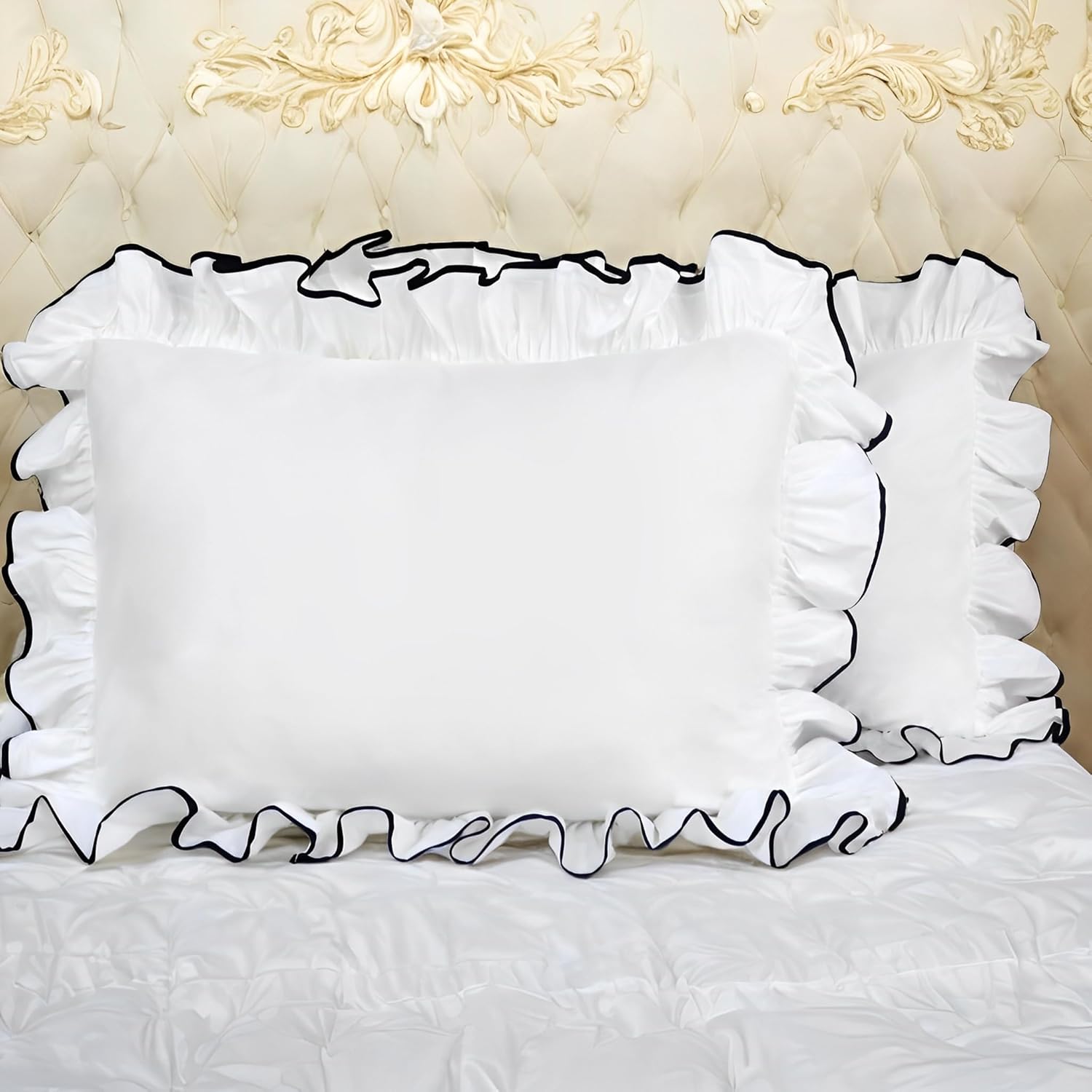 Lemfux Pillow Cases White Edge Ruffle 20x30 Inch, Set of 2, French Country Style Vintage Decorative Pillow Shams, 100% Cotton Soft and Comfortable Bedding Pillowcases (Black Edge, 20"x30")