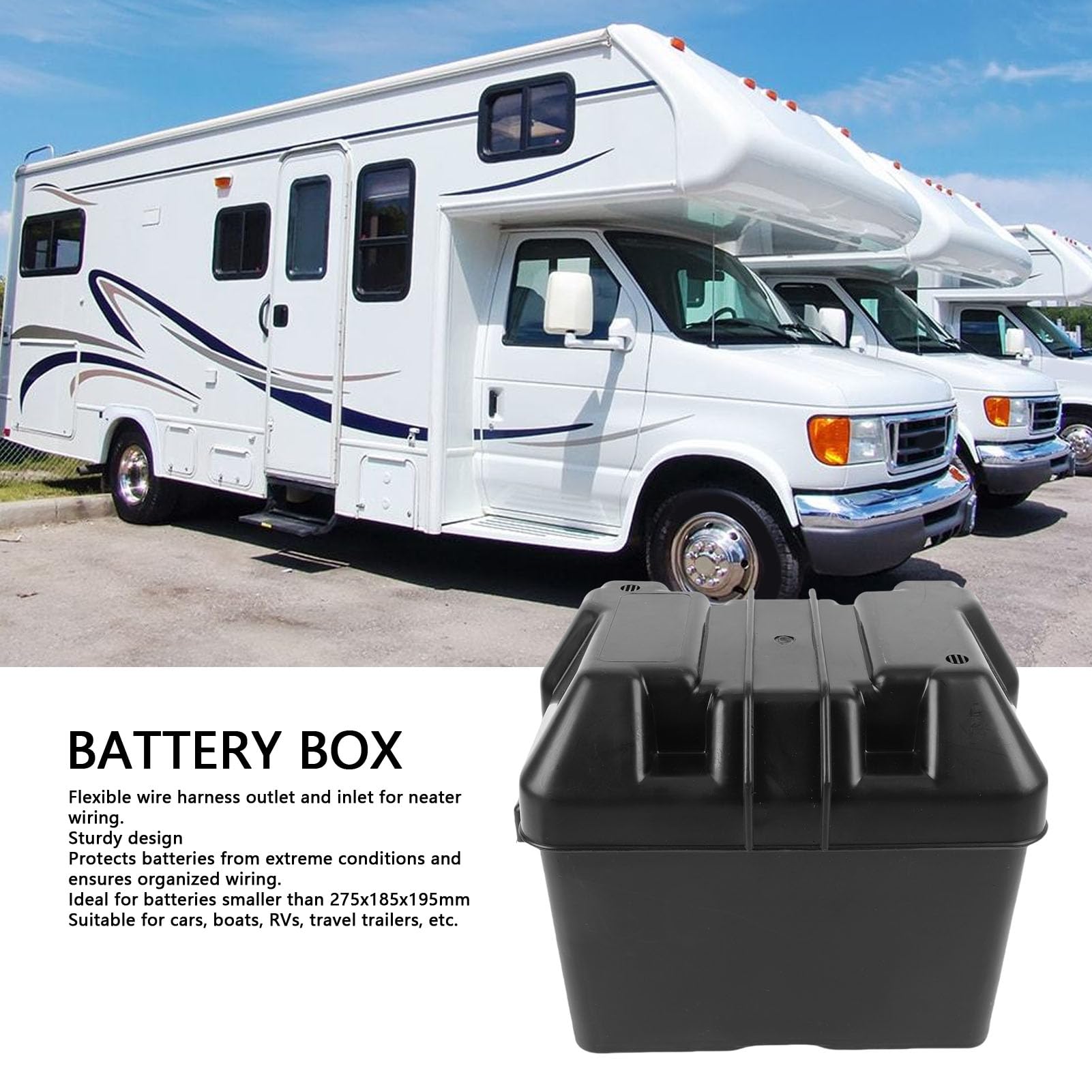 RV Box Batteria, Custodia per Batteria 12 V per Auto, Yacht, Rimorchi con Cinghie e Hardware, Ideali per Batterie <275x185x195 Mm, Materiale ABS, Facile Installazione