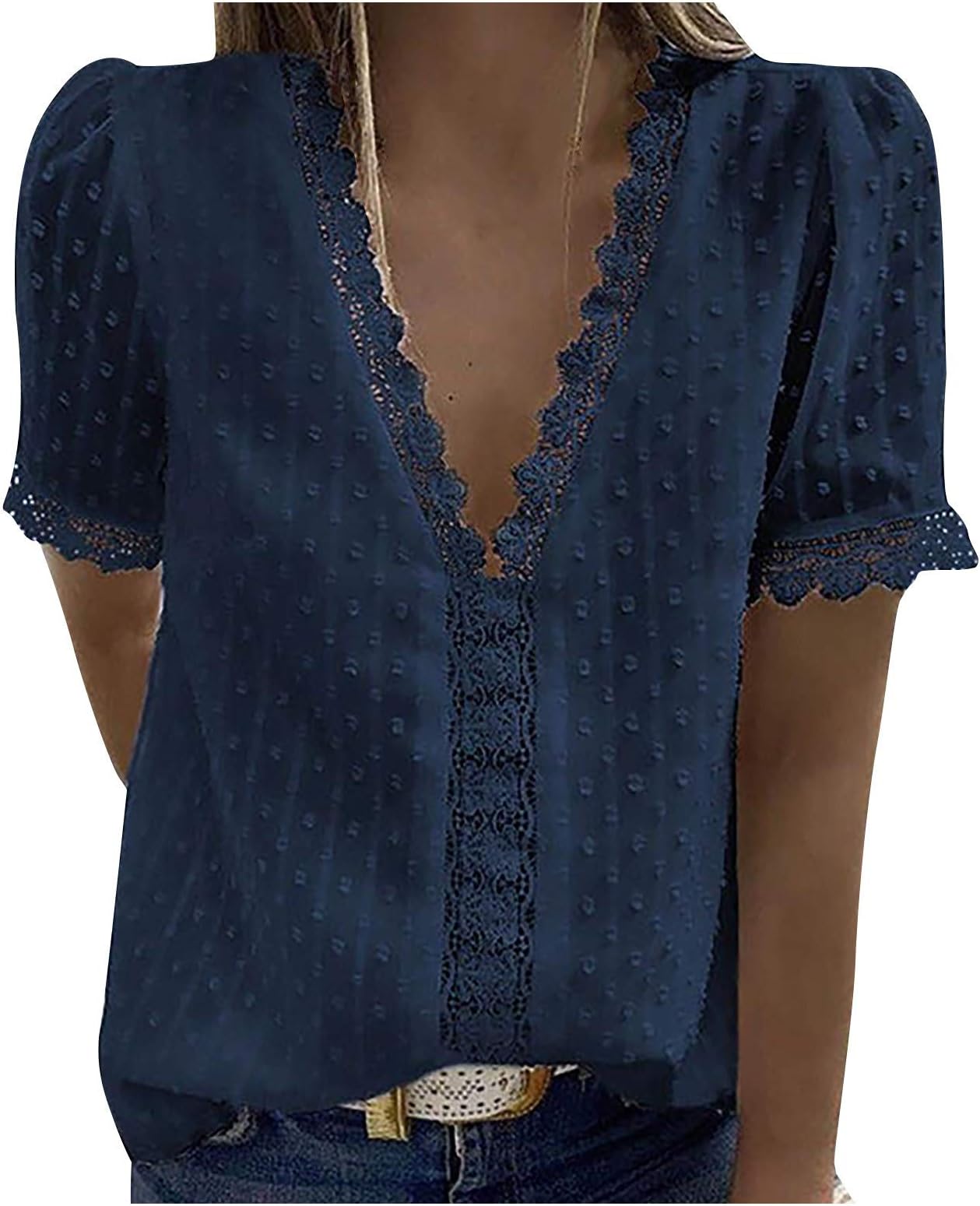 Womens Summer Long Sleeve V Neck Chiffon T Shirts Vintage Lace Pom Pom Blouses Office Work Tops Casual Flowy Tunics