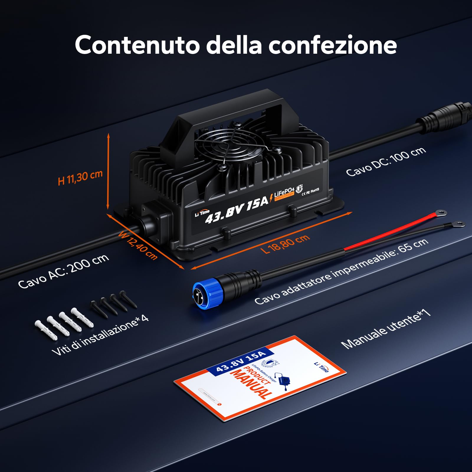 LiTime Caricabatterie LiFePO4 36V 15A, Caricabatterie Litio 43,8V IP66 Impermeabile con Attivazione Batteria, Indicatore LED, Carica Intelligente a 3 Stadi per Golf Cart, Camper, Barca