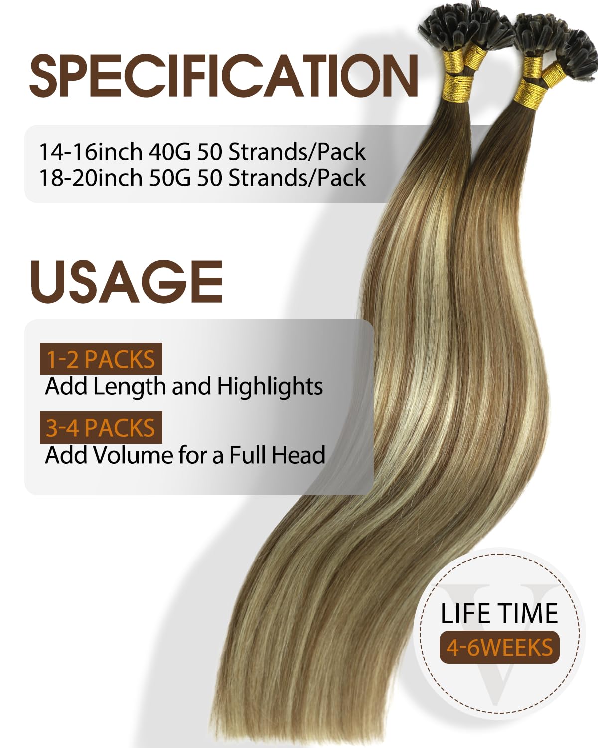 VINBAO Extension Capelli Veri Cheratina 40cm 50Ciocche 40g Balayage Marrone Chiaro Highlights Ash Blonde Extension Cheratina Capelli Veri Remy Invisible U Tip Hair Extensions (#UTip3/8/22, 16")