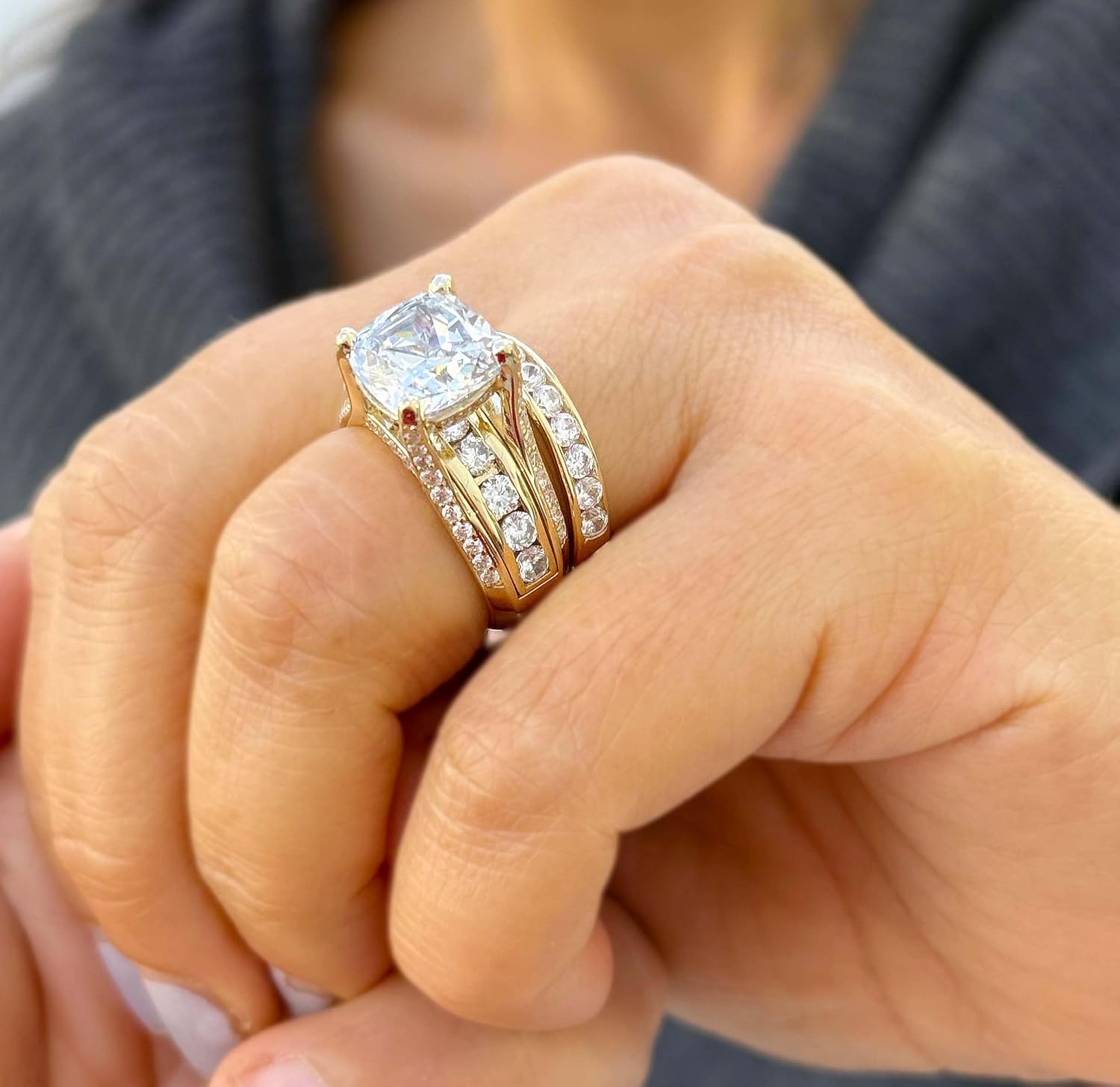 Cushion And Round Cut Sides Diamond Engagement Ring And Band Set In IGI Certified 14K Solid Yellow Gold Hiden Halo Wedding Bridal Ring 7.50