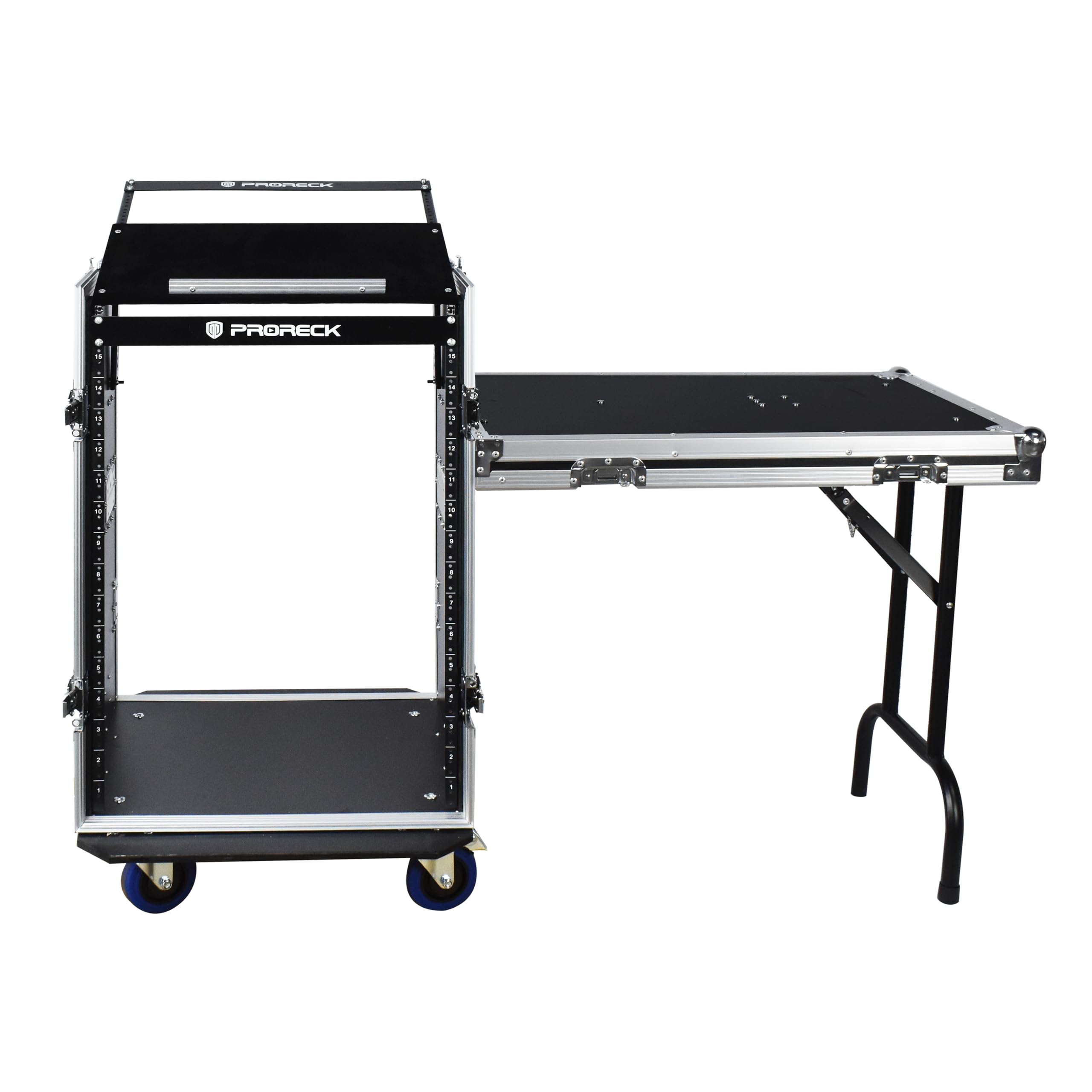 PRORECK 16U Rack/Road Case with Slant Mixer Top, One Side Table and Casters, 20'' Rackable Depth, Plywood, 16U Installation Size, Pro Stage Performance