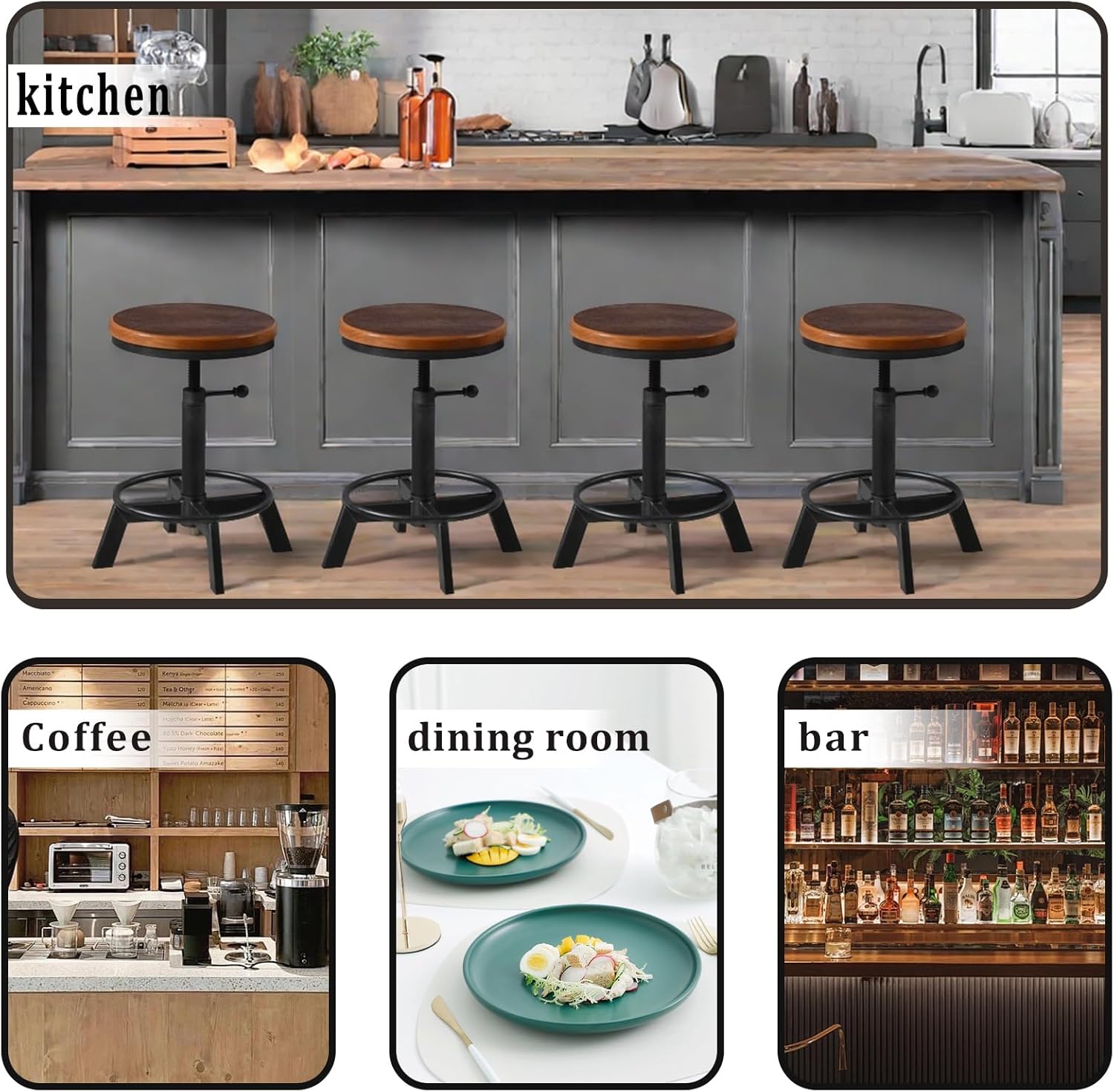 Set of 2-Industrial Bar Stool-Rustic Counter Height Chairs for Kitchen Island-Farmhouse Swivel Wooden Seat- Adjustable 17.7-24inch