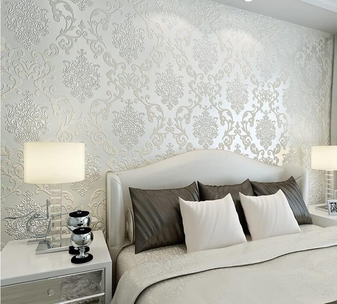 Q QIHANG European-Style Damascus PVC Fabric Flocking Bronzing Thick 3D Wallpaper Embossed Bedroom Living Room TV Background Wallpaper Non-Pasted Wallpaper 1.73' W x 32.8' L (Creamy-White)