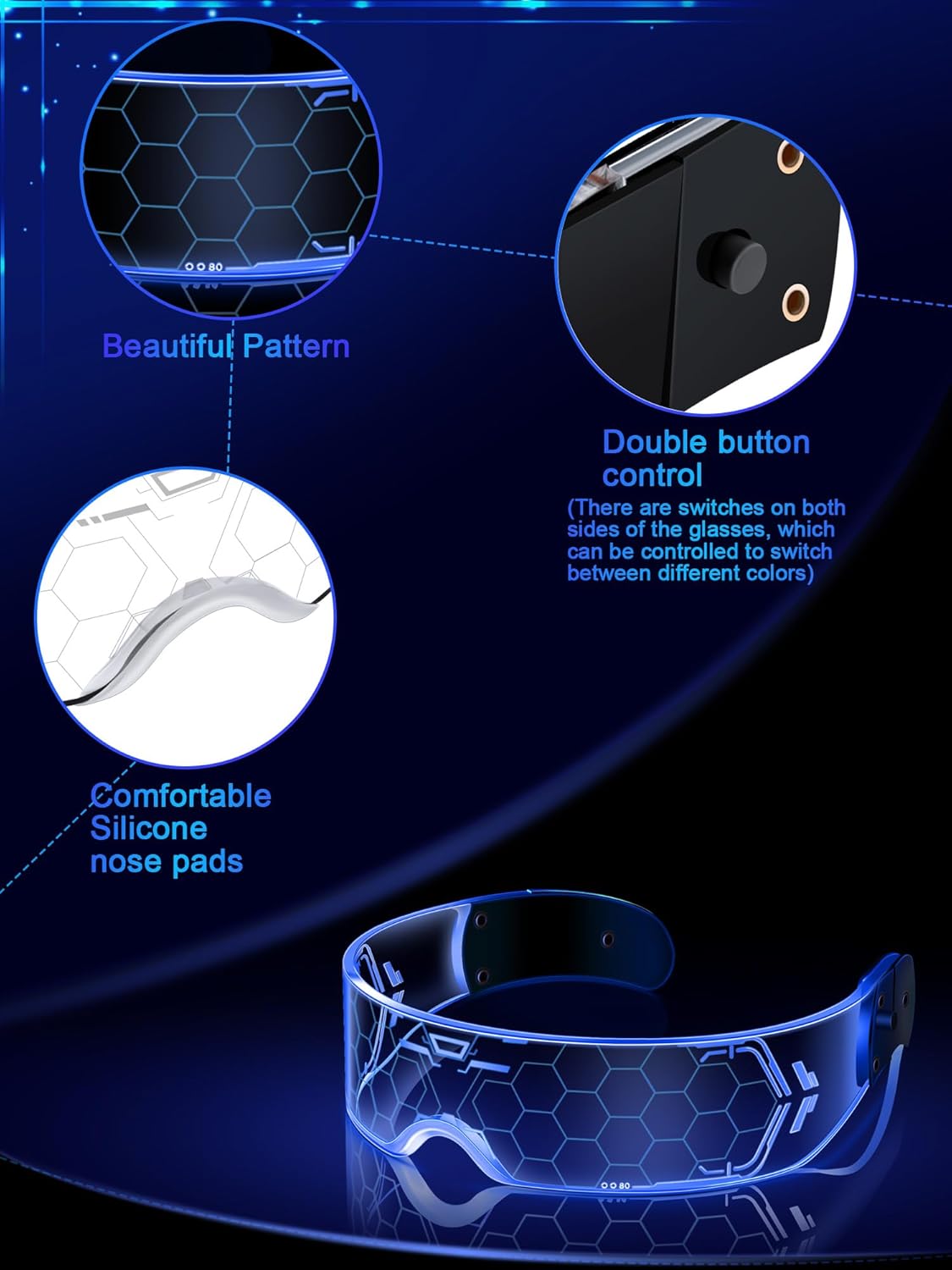 TOODOO 2 Pairs LED Visor Glasses 7 Colors Futuristic Glasses Light up Punk Accessories for Rave Party Costume - Image 3