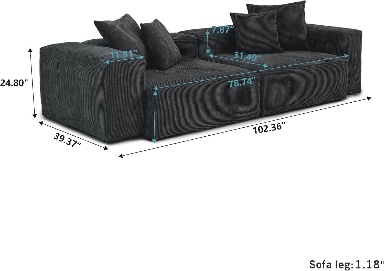 JACH 102" Corduroy Sectional Couch with 4 Pillows, Comfy Modular Sectional Sofa, Cushion Covers Removable, Oversized Love Seat Couches for Living Room, Office, Apartment, Black