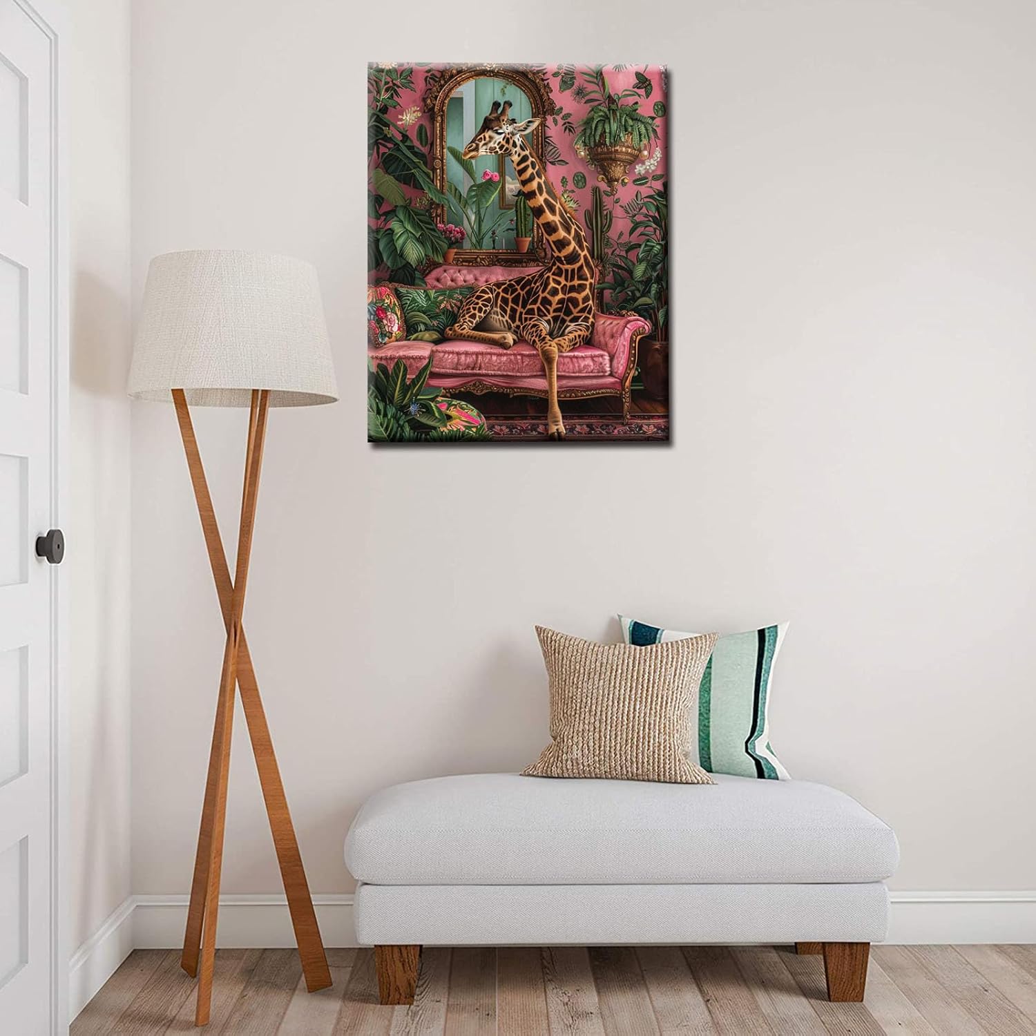 Animals on Sofa Paint by Numbers Jungle Green Leaves Paint by Numbers Kits for Adult,Pink Background Wall Paint by Numbers Kits on Canvas for Home Wall Decor DIY Framed 16x20 Inch