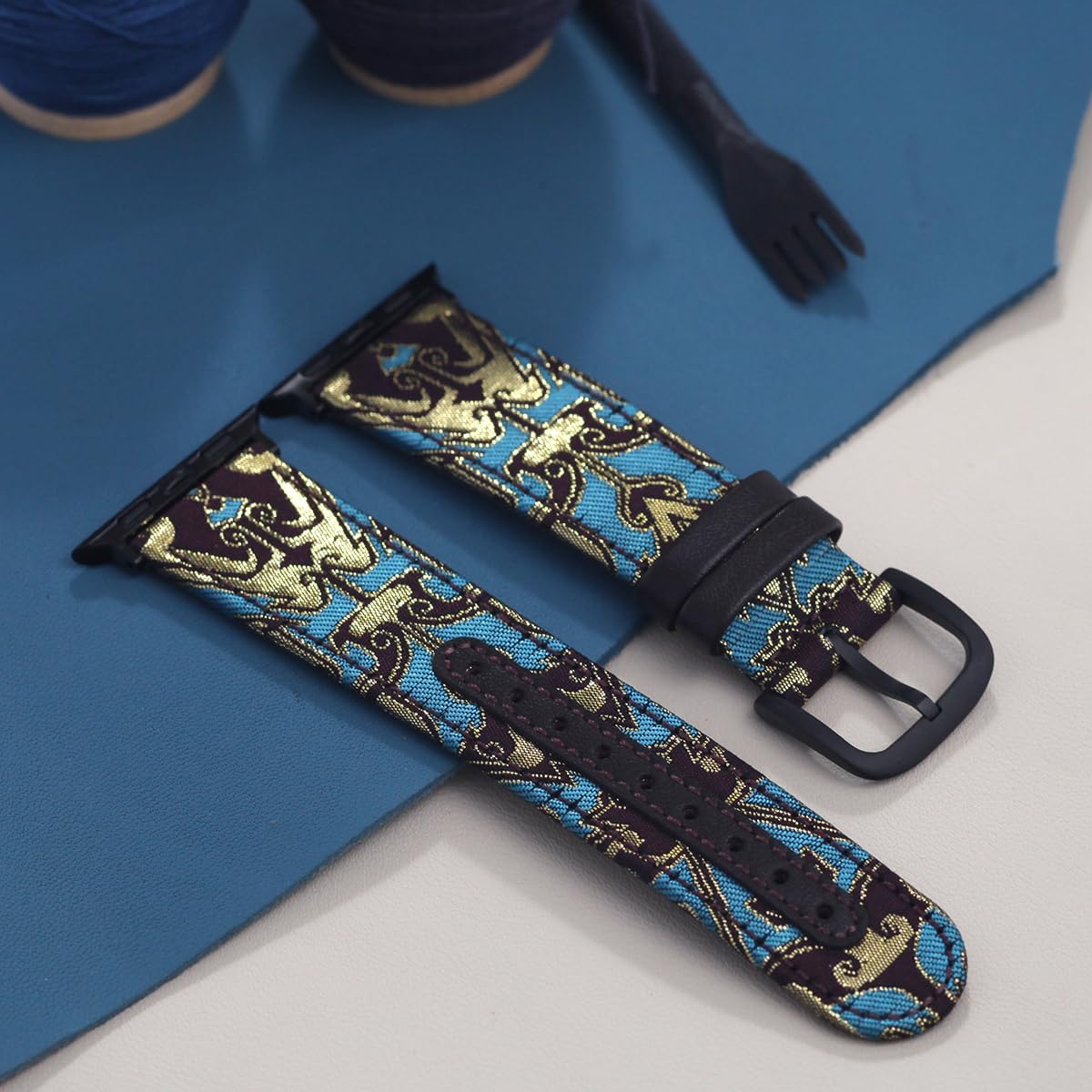 Handmade Leather & Gold-Woven Fabric Smart Watch Band – Dark Coffee Taotie Pattern Limited Edition, Compatible with Apple Watch and Most 38–49mm Smart Watches